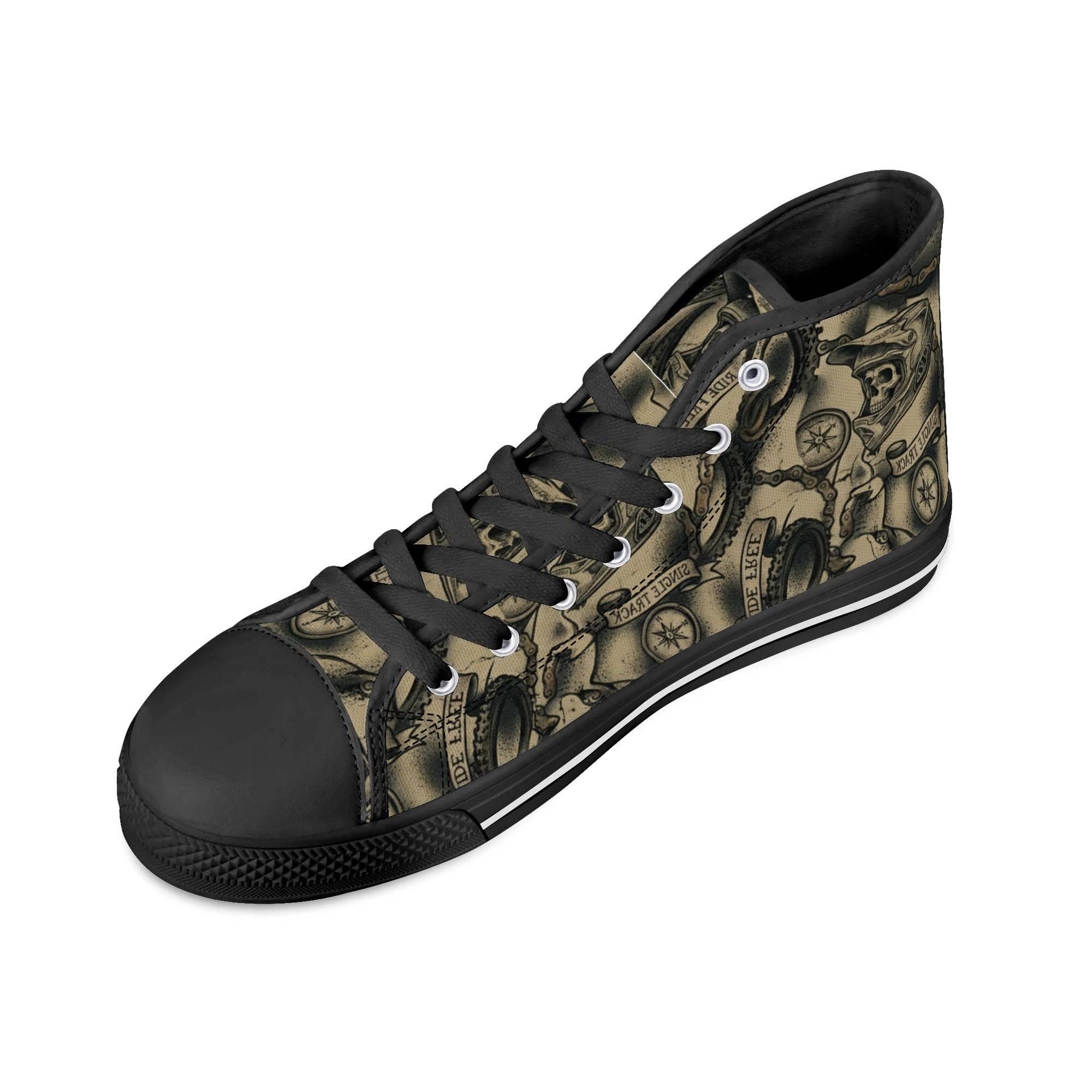 Angled view of MTB Skull Camo High Tops with black laces and edgy skull pattern, combining comfort and style for mountain bikers.