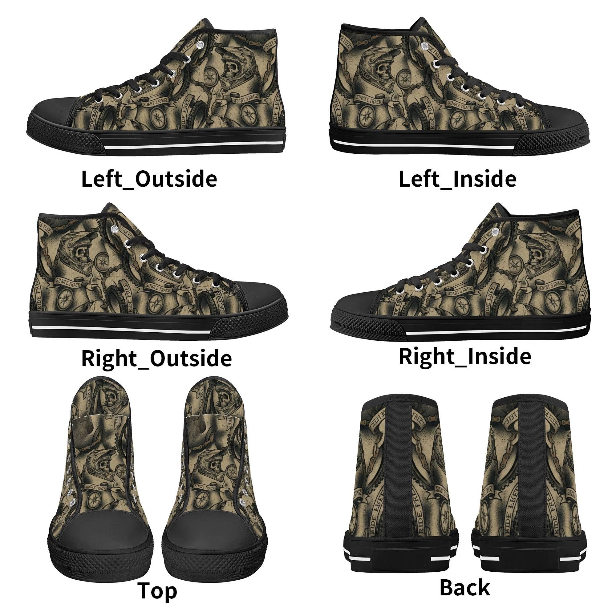 Multi-angle layout of Men's MTB Skull Camo Shoes showing all sides and design details, ideal for showcasing in biker gear collections.