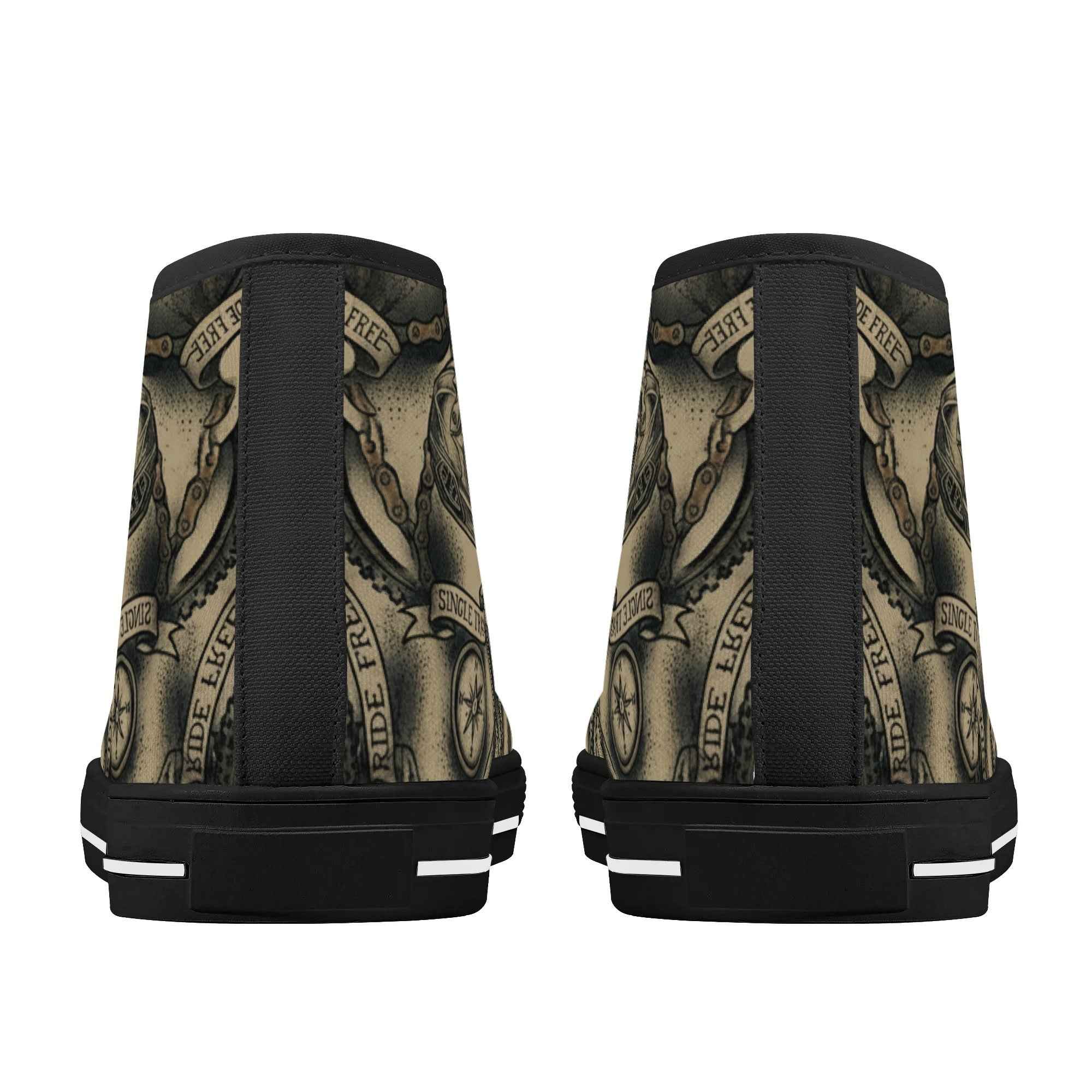 Rear view of Men's Skull Camo High Tops featuring bold chain and skull design, built for durability and biker lifestyle appeal.