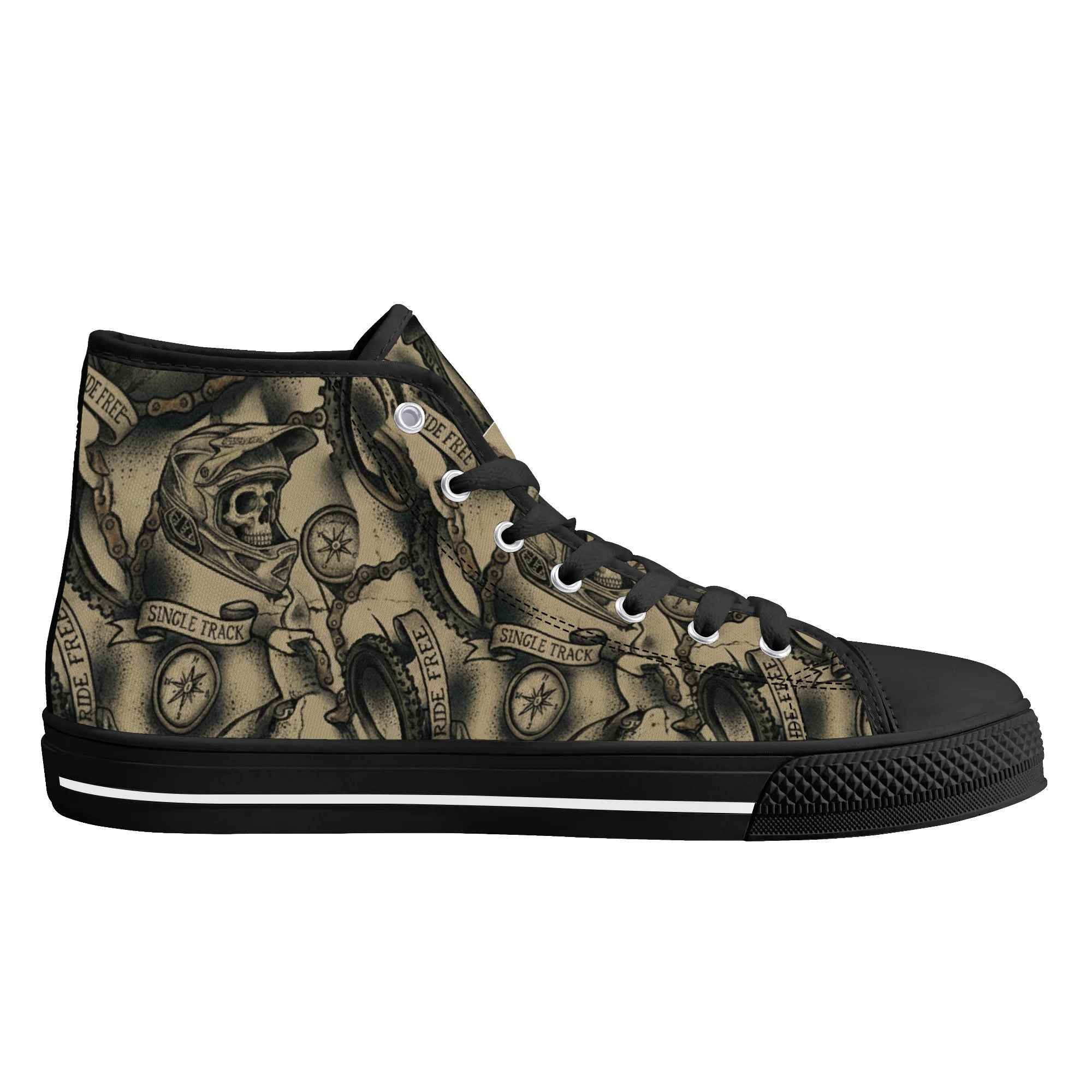 Right side view of Skull Camo High Tops for men, featuring detailed biker skulls and chain motifs, ideal for MTB streetwear fashion.