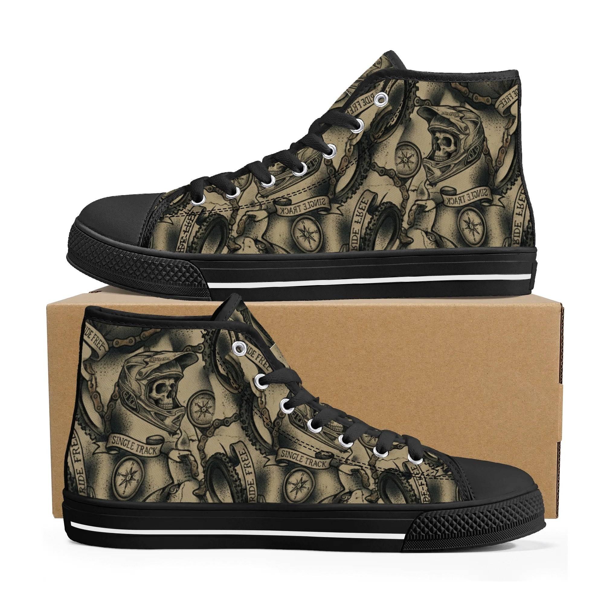 Men's MTB Skull Camo Shoes displayed on a box, highlighting bold biker design and high-top construction for extreme MTB fashion.