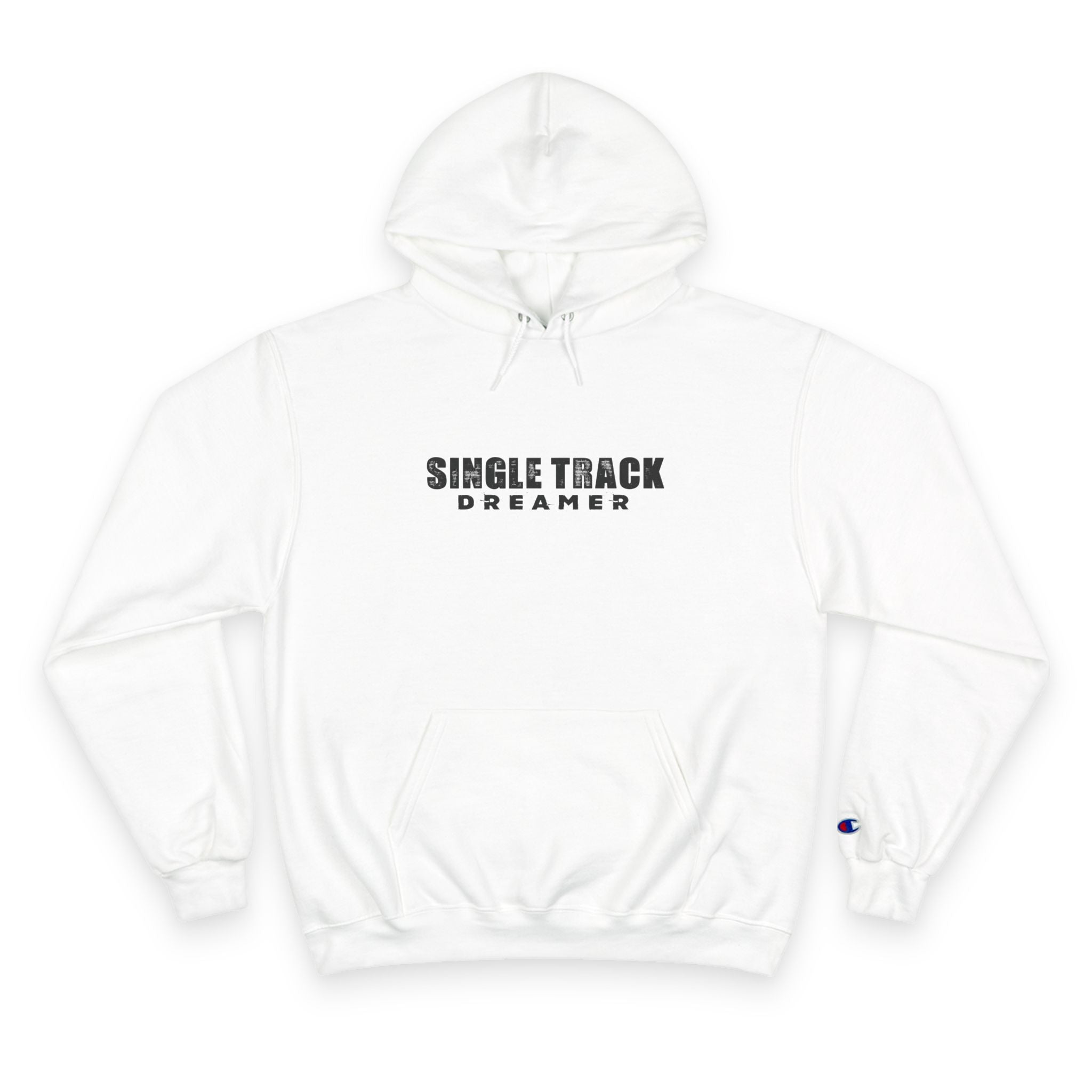 White Champion Eco Hoodie with 'Single Track Dreamer' text on front, ideal for trail riders seeking eco-friendly MTB streetwear.