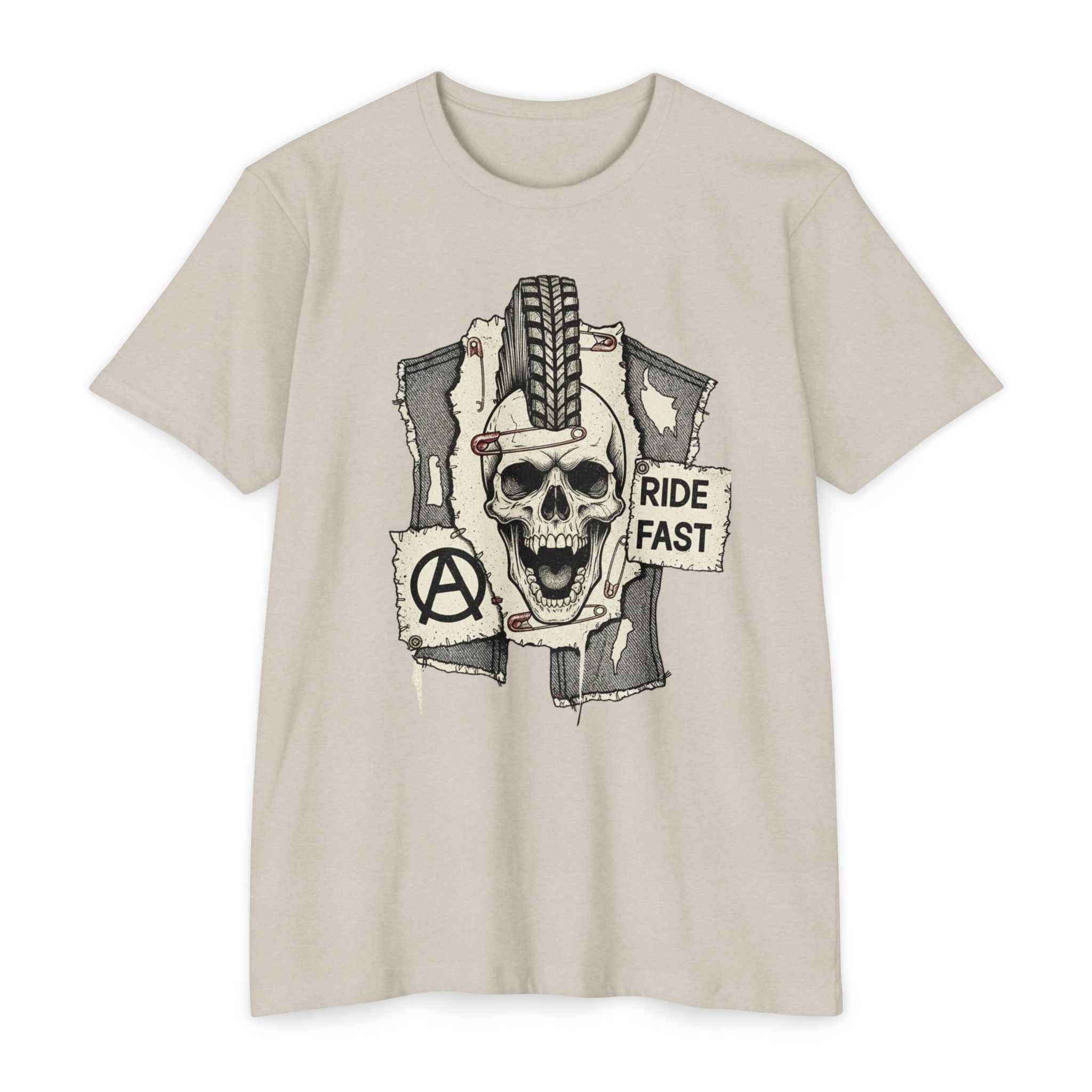 Skull Moto Punk MTB T-Shirt in beige with bold skull and tire mohawk graphic, 'Ride Fast' slogan, and anarchy symbol for edgy biker style.