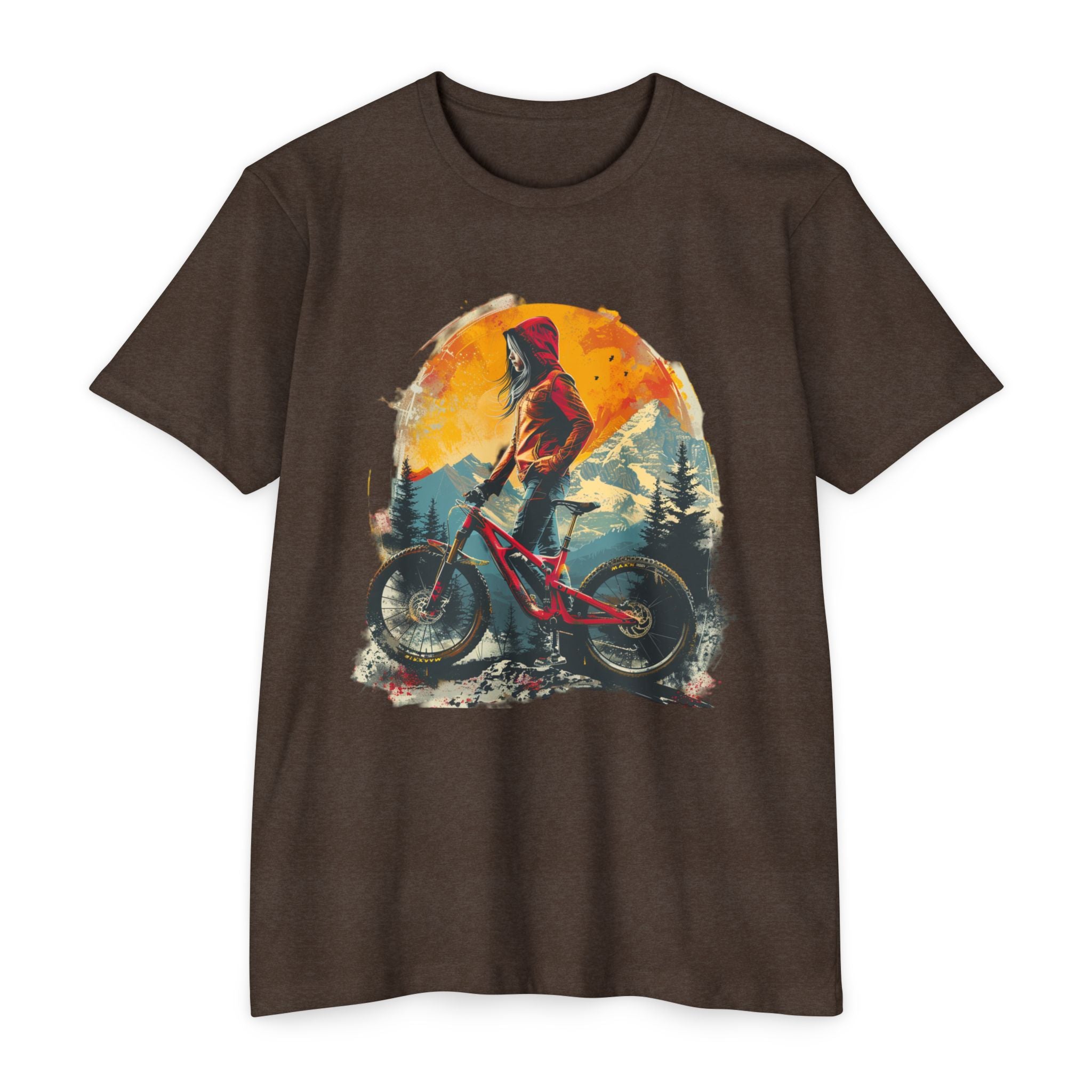 Women’s Mountain Bike Rider T-Shirt – Trail Sunset Art