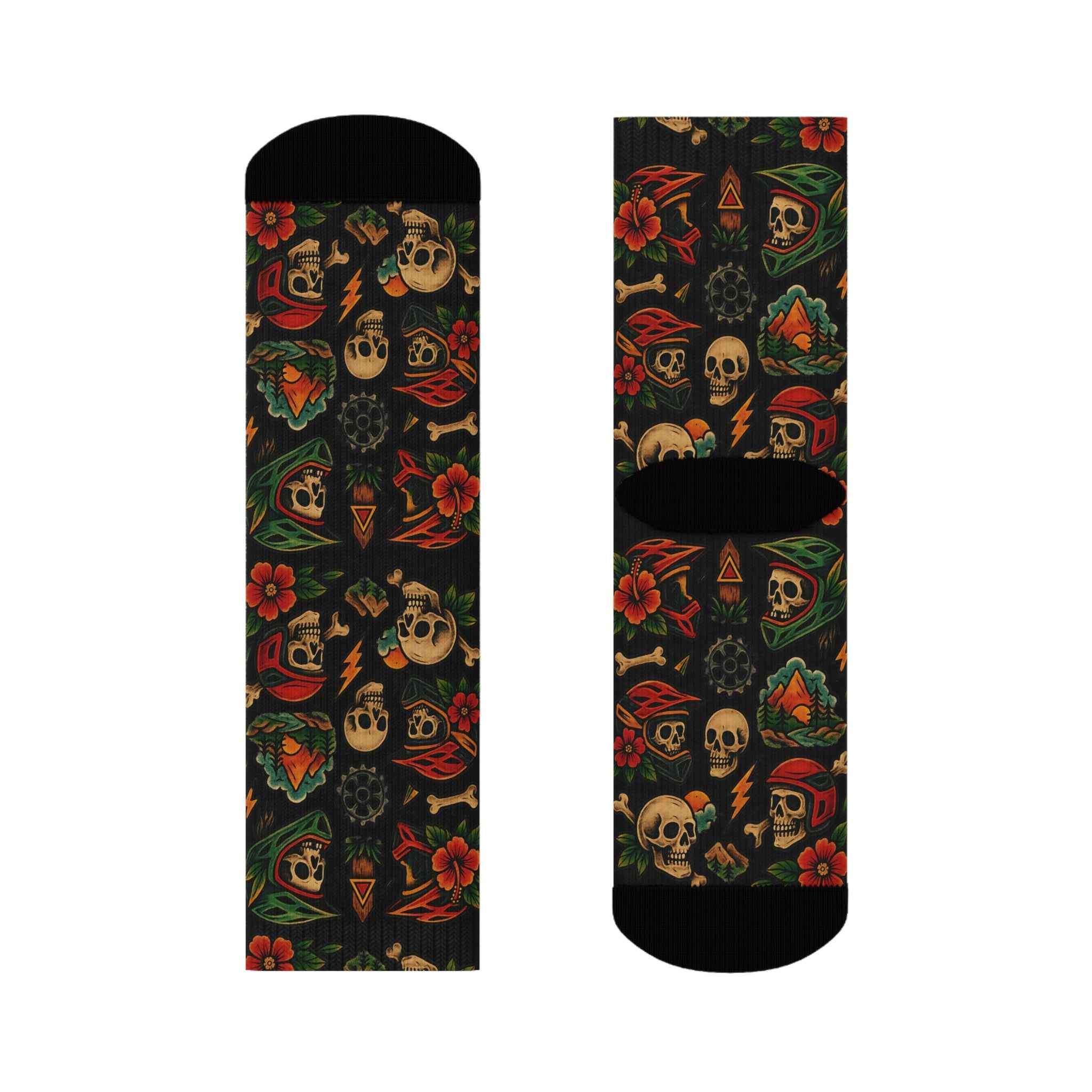 Flat lay of Vintage Skull Floral Crew Socks showing detailed all-over print with skulls, flowers, and biker motifs in vibrant colors.