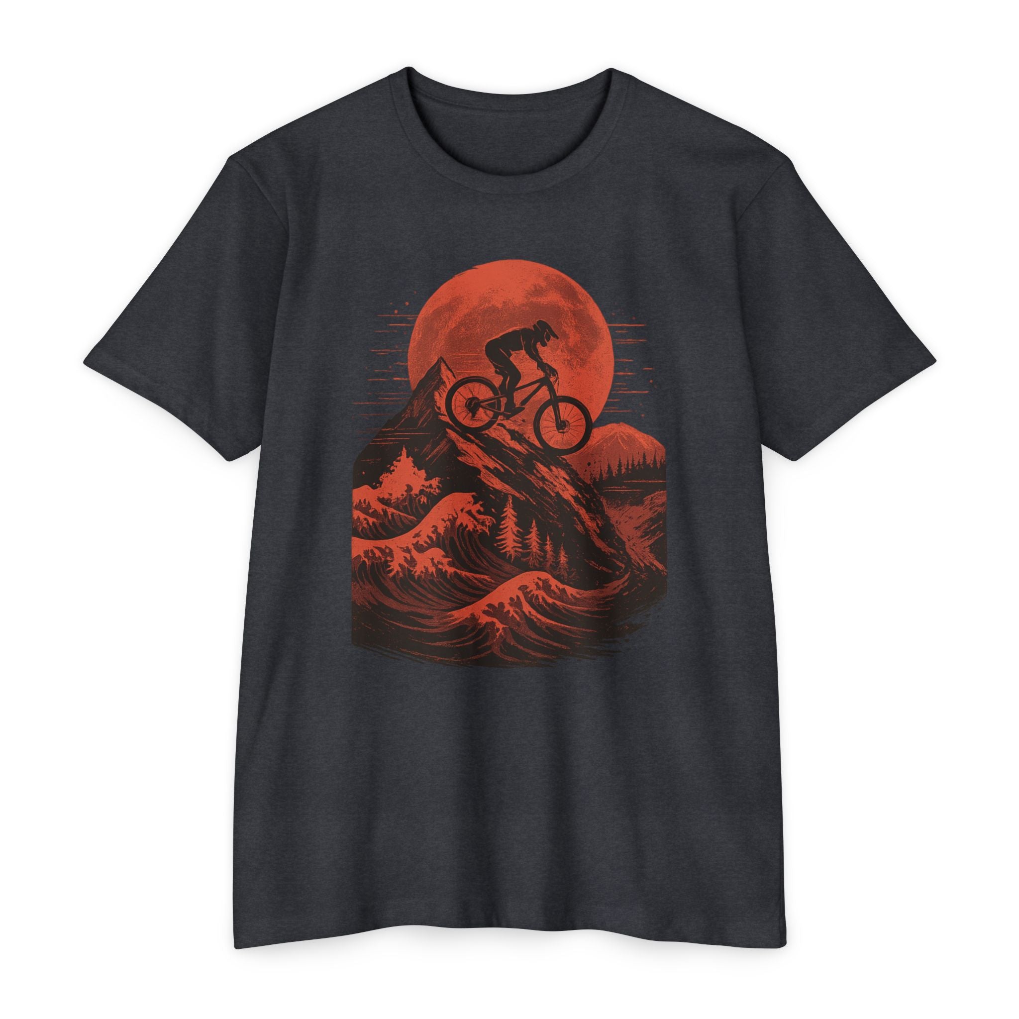 Adventure Tee - Blood Moon features a mountain biker silhouette riding downhill against a vivid red moon and rugged terrain on a dark cotton t-shirt.