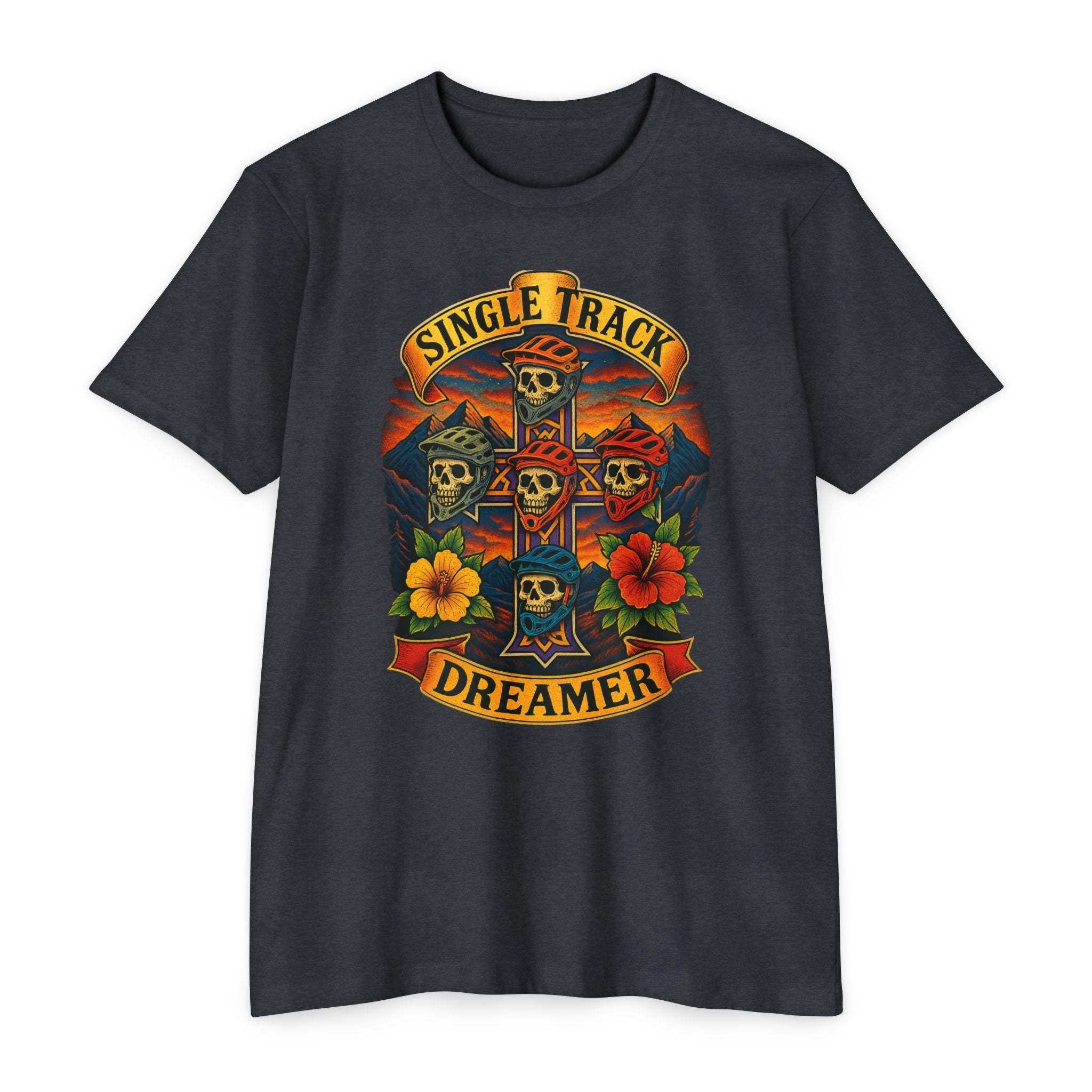 Black t-shirt with a colorful graphic and text on a white background
