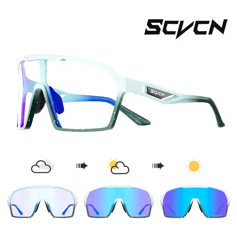 Light blue SCVCN UV400 cycling sunglasses with blue photochromic lenses. Offers UV-A/B protection and high impact resistance.