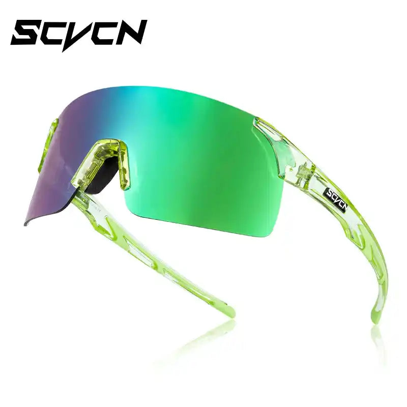 Photochromic MTB cycling sunglasses with green mirrored lens and translucent neon green frame. Designed for UV protection and comfort.