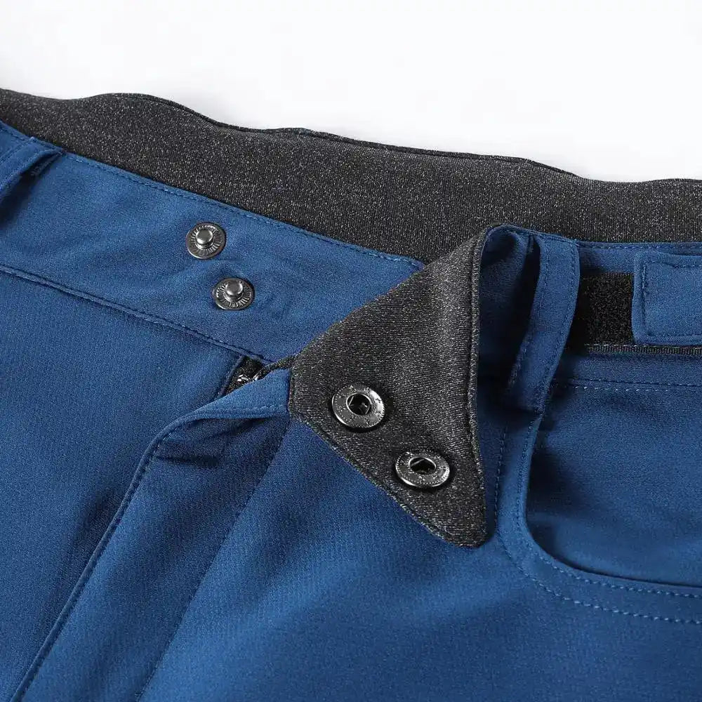 Close-up of ARSUXEO MTB Shorts snap button and waistband, showing durable construction and adjustable fit for cycling comfort.