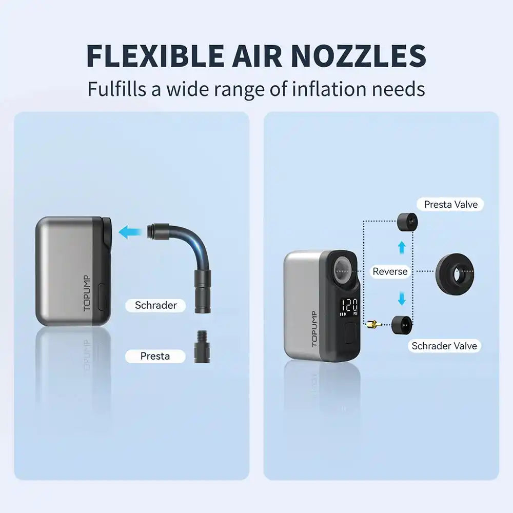 TOPUMP TB2 PRO cordless inflator showing dual nozzle compatibility for Schrader and Presta valves with easy switching mechanism.