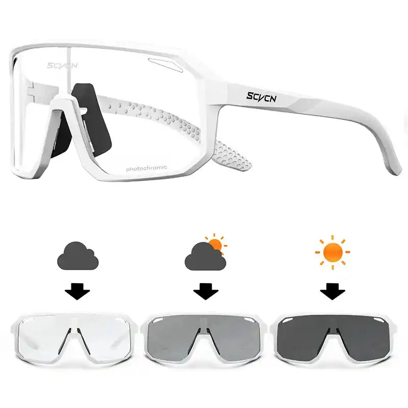 Photochromic SCVCN HOT MTB cycling glasses in white, adapting to light conditions with UV400 protection for versatile outdoor use.