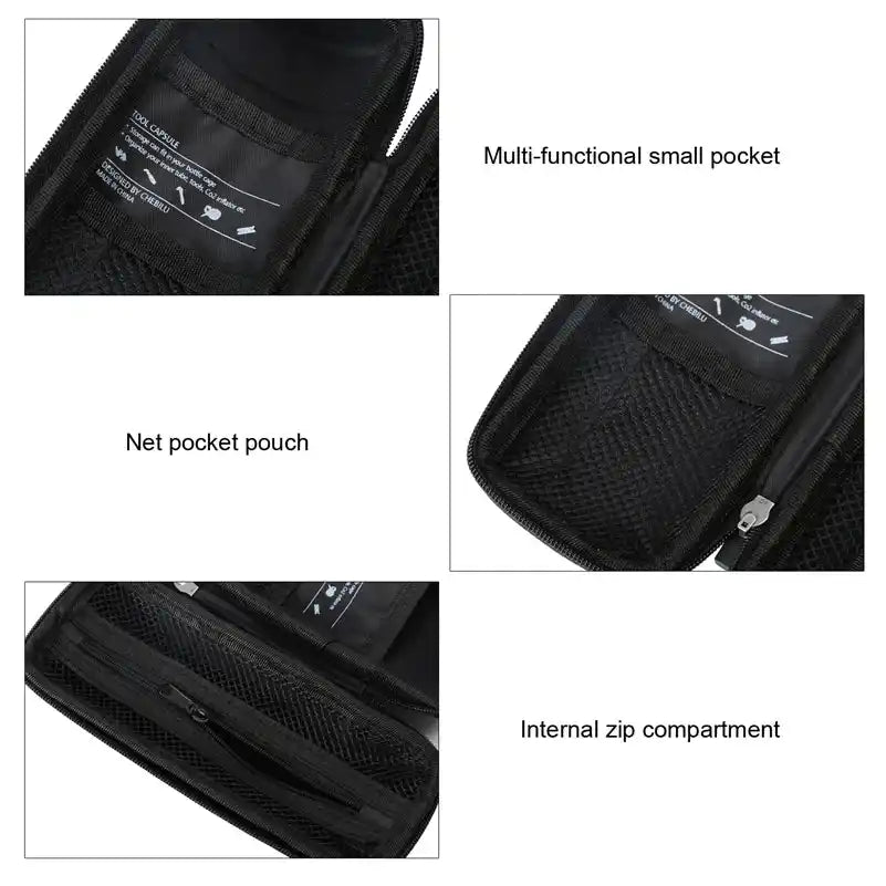 Close-up of WEST BIKING Bike Tools Storage Box interior showing net pouch, zip compartment, and multifunctional pocket.