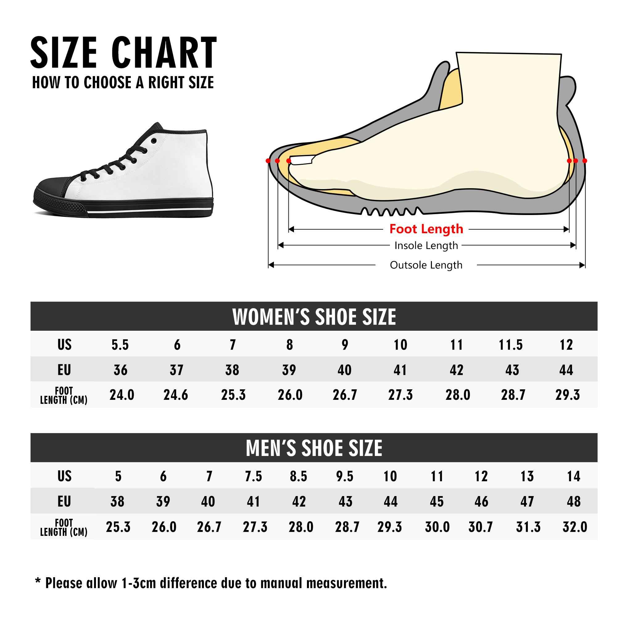 Size chart for Skull Crown High Top Sneakers with US, EU, and foot length measurements to help choose the right fit.