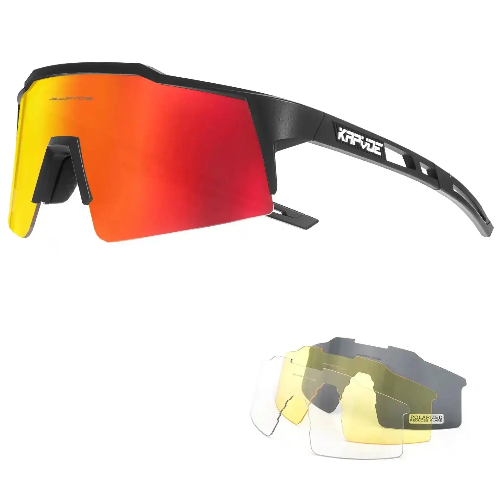 Kapvoe cycling glasses with UV400 polarized red lens and interchangeable lenses. Lightweight black frame perfect for road biking versatility.