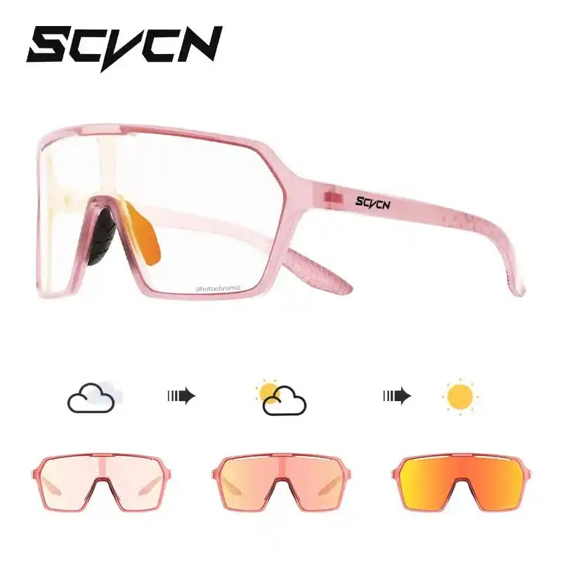 SCVCN Cycling Glasses in pink with photochromic UV400 lenses, transitioning shades for men and women in changing light conditions.