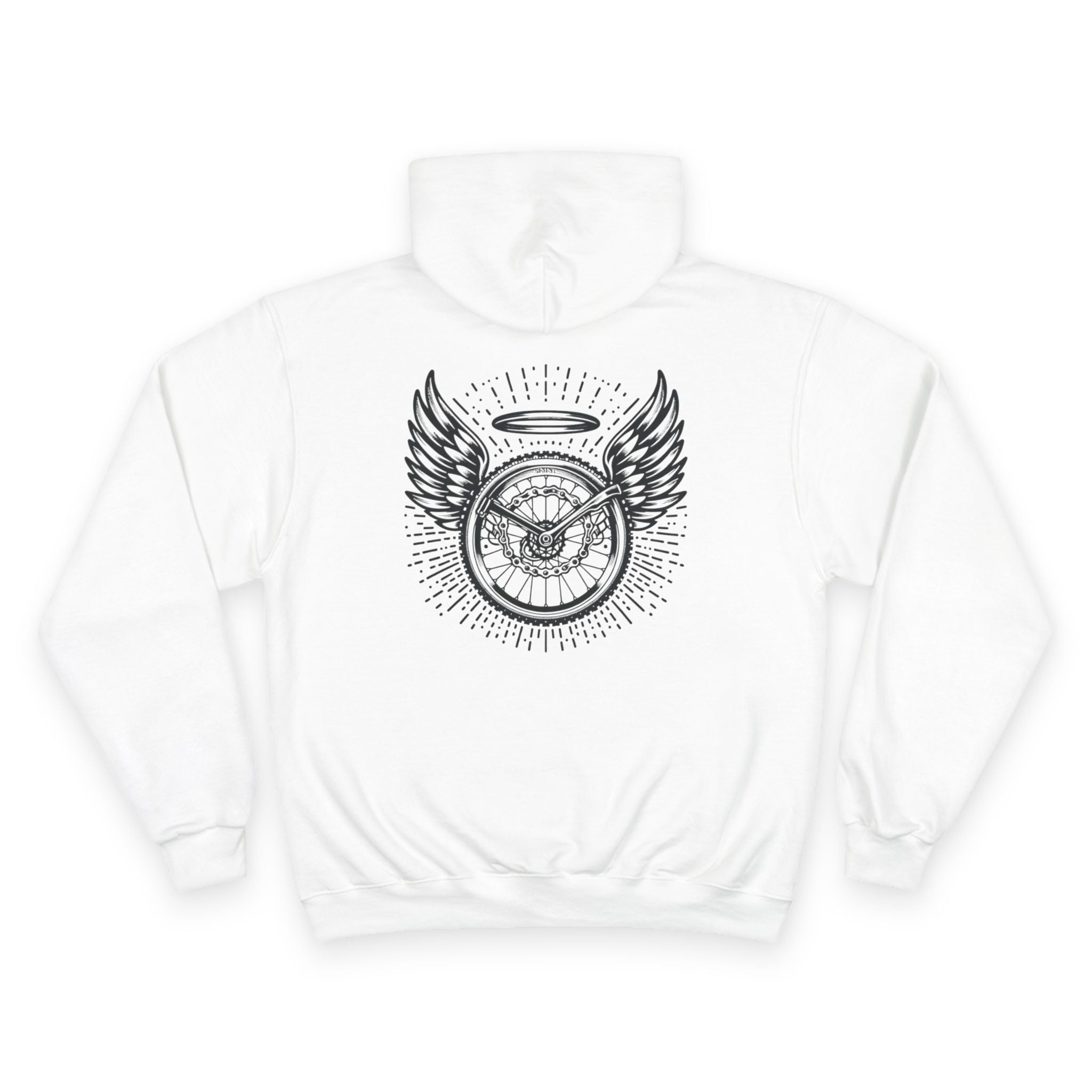 Back view of white Champion Eco Hoodie with intricate winged bike wheel graphic, perfect for trail riders and MTB lifestyle apparel.