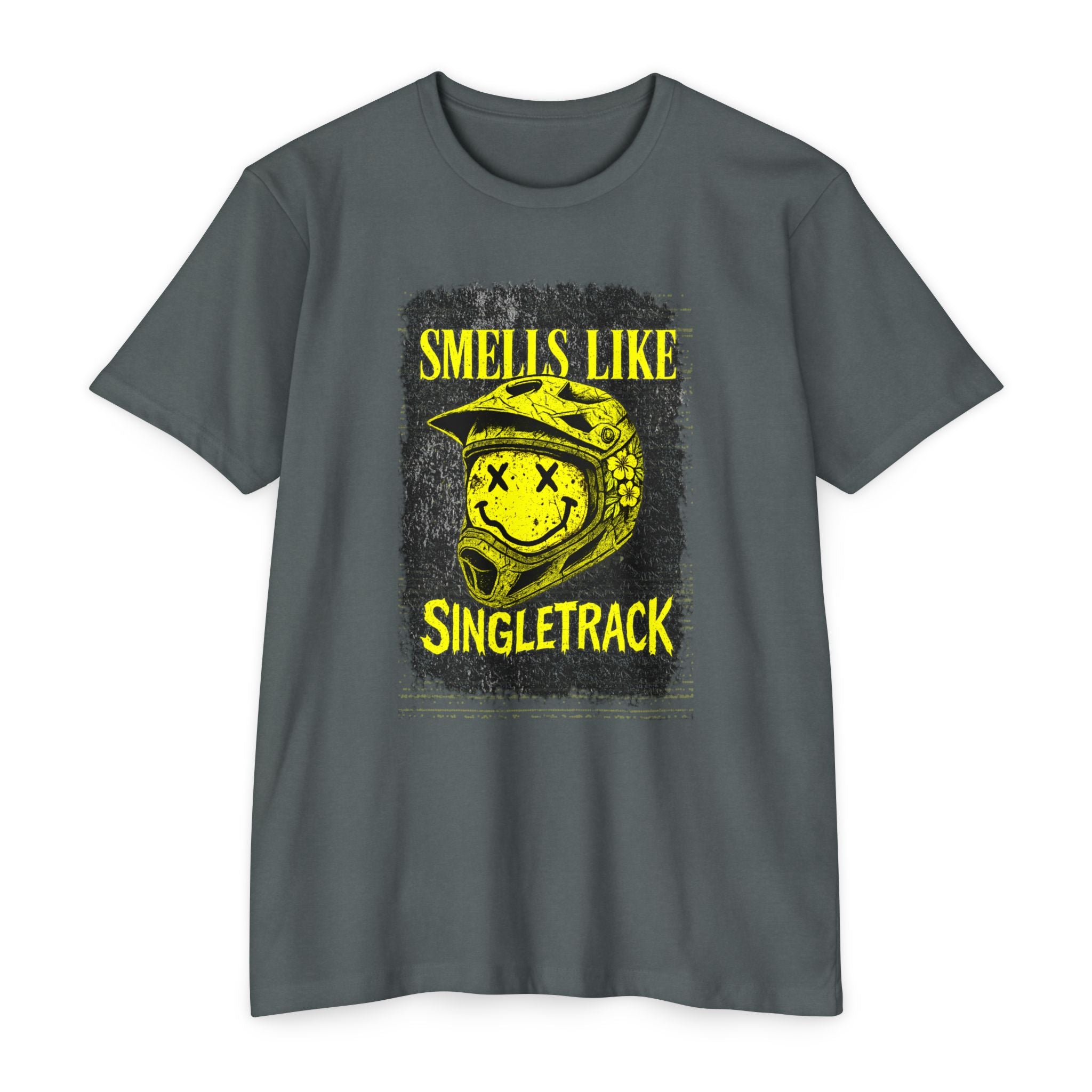 Gray t-shirt with yellow graphic and text 'Smells Like Singletrack' on a white background