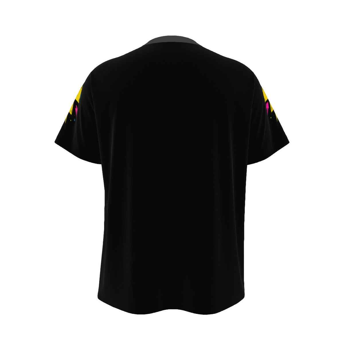 Black t-shirt with colorful arm designs on a white background
