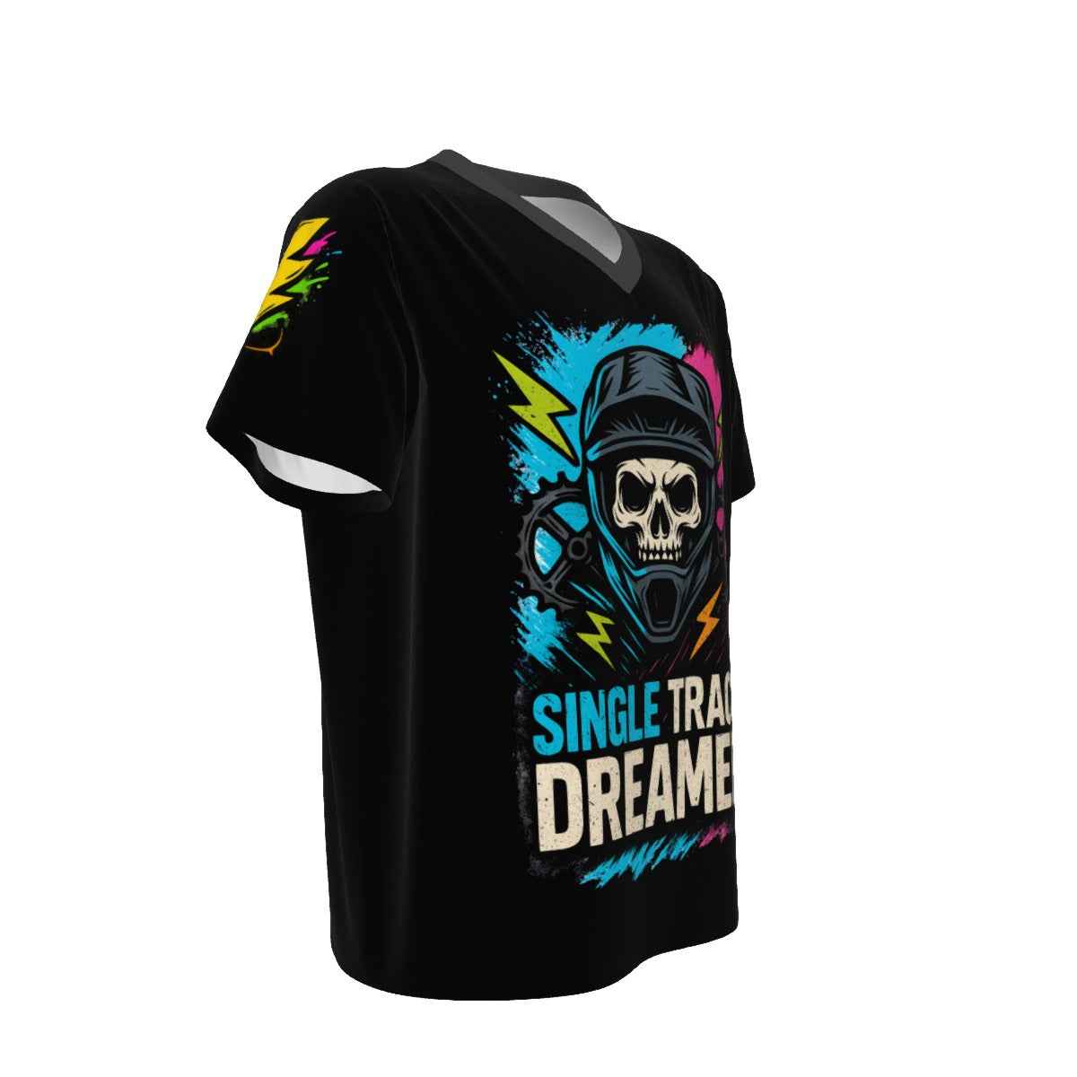 Black t-shirt with a graphic design featuring a skull and text on a white background