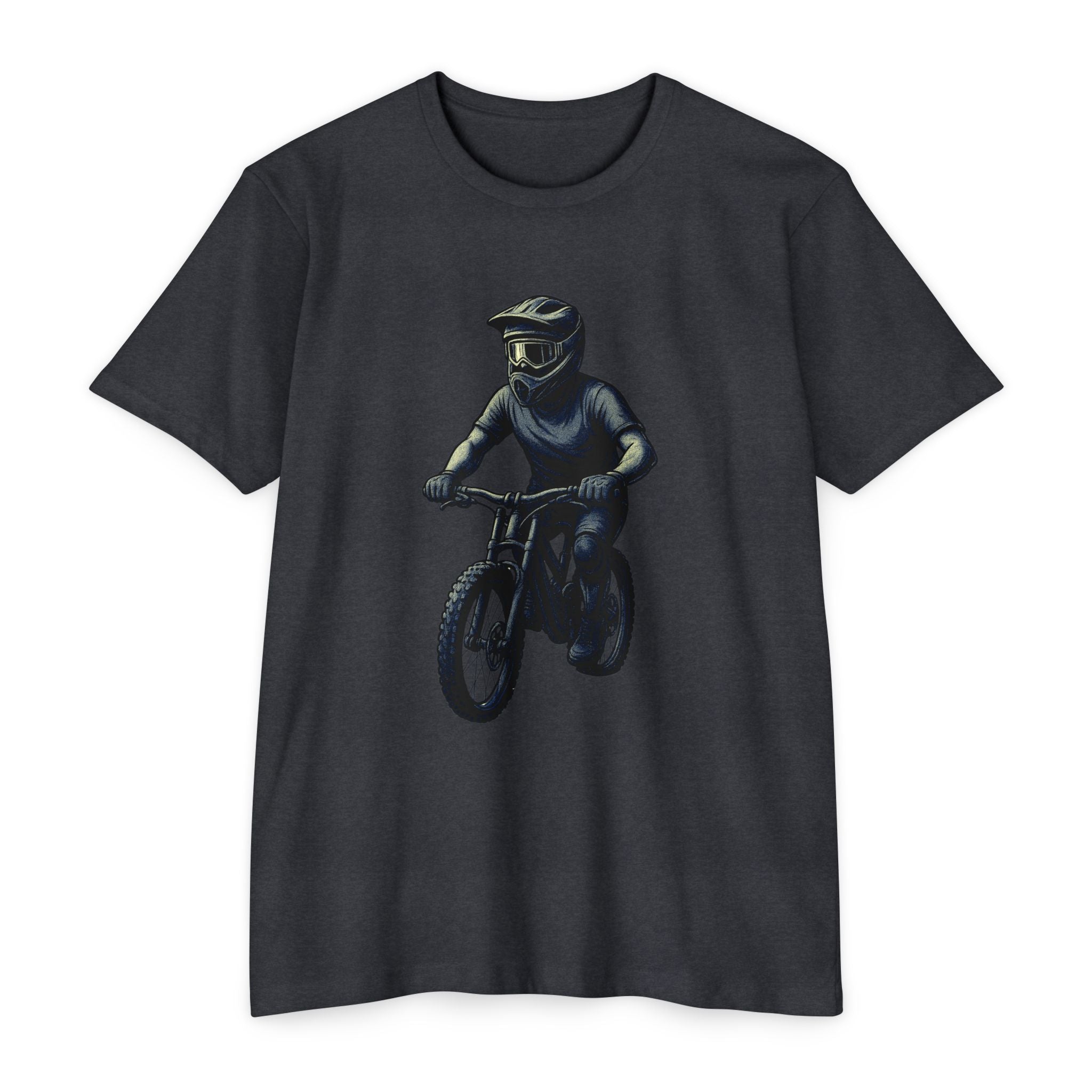 The Downhill Spirit - Vintage MTB Rider Tee in dark gray featuring a rugged mountain biker design. Great for trail riders and cycling fans.