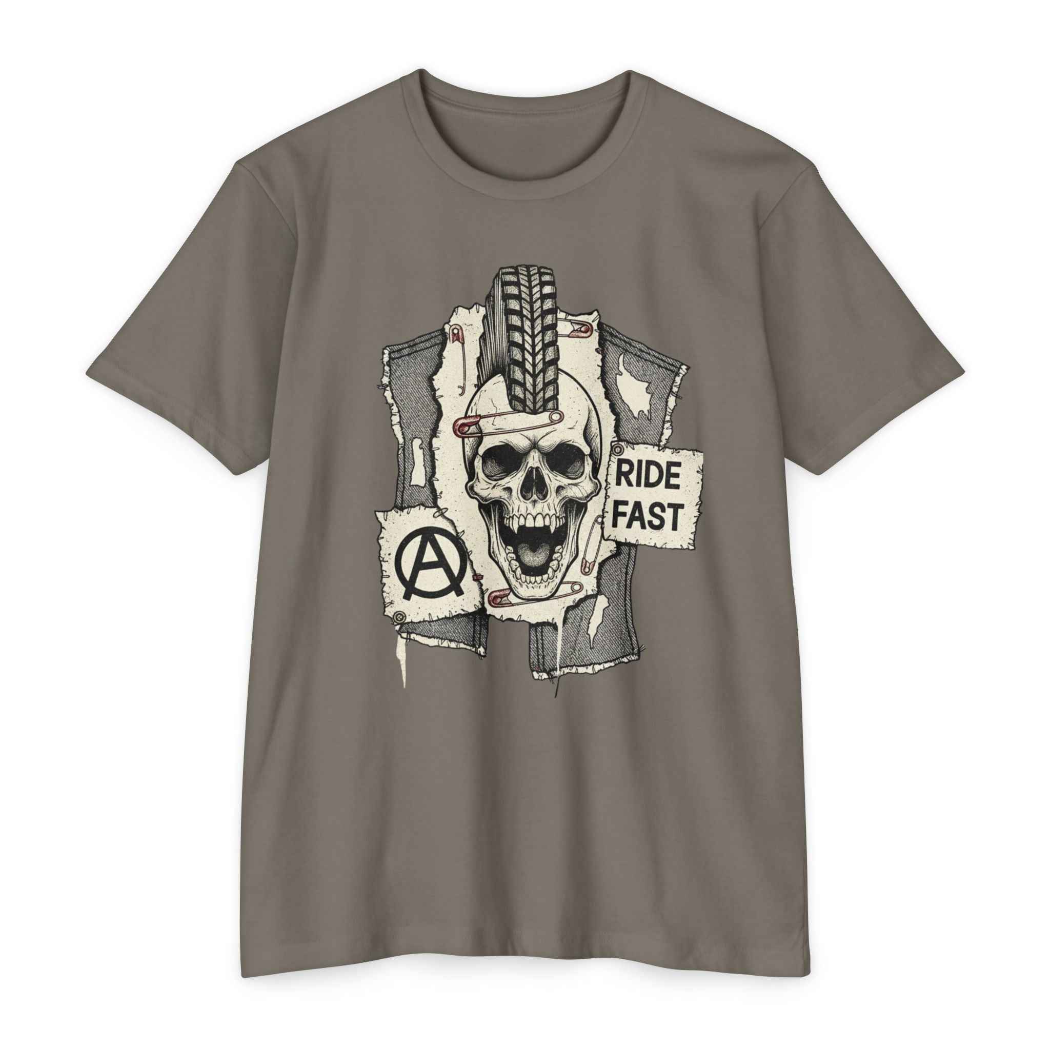 Skull Moto Punk MTB T-Shirt in taupe featuring rebellious skull design with tire mohawk and 'Ride Fast' text, ideal for punk rock riders.