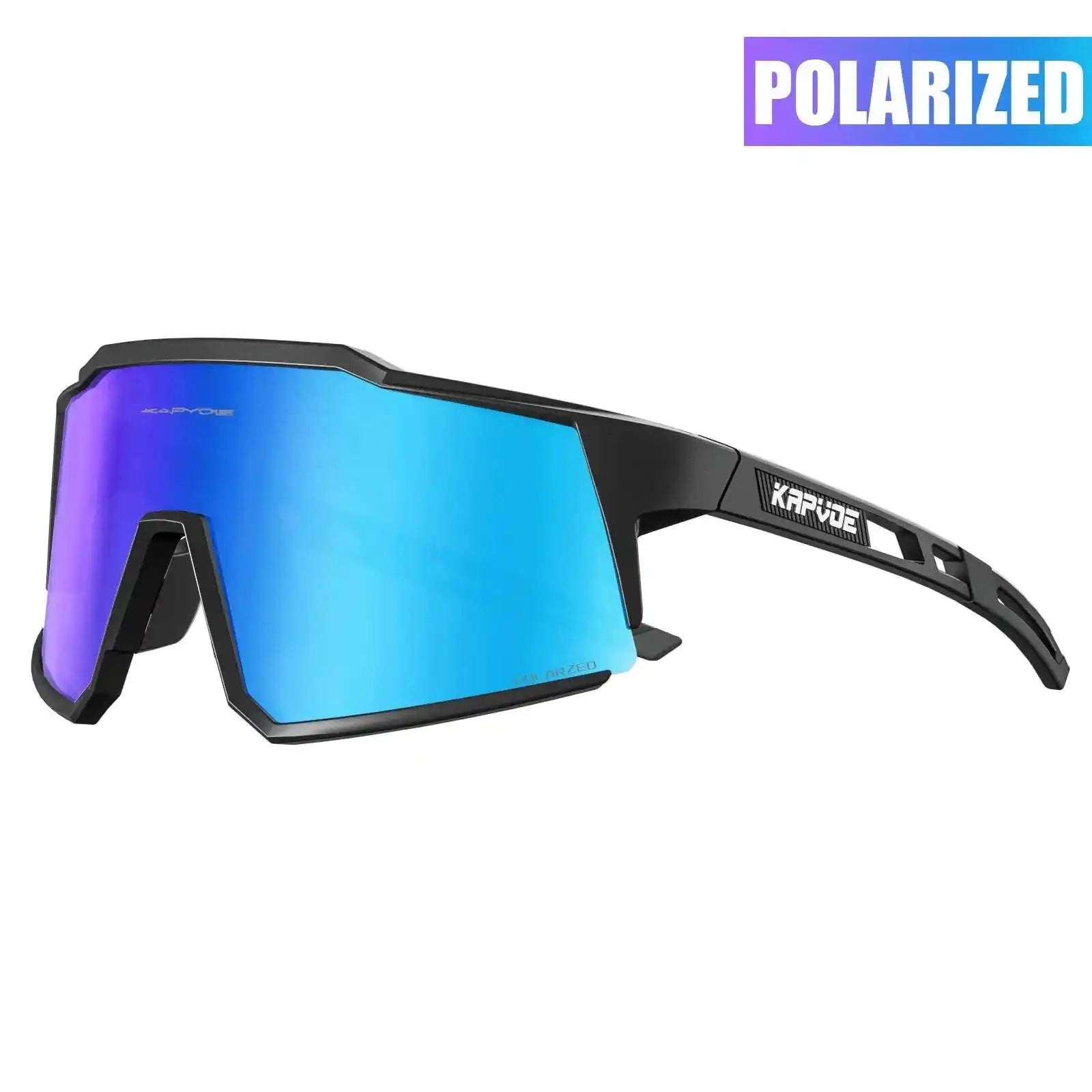 Kapvoe polarized cycling glasses with UV400 protection and blue mirrored lens. Black ultra light frame designed for high-performance biking.
