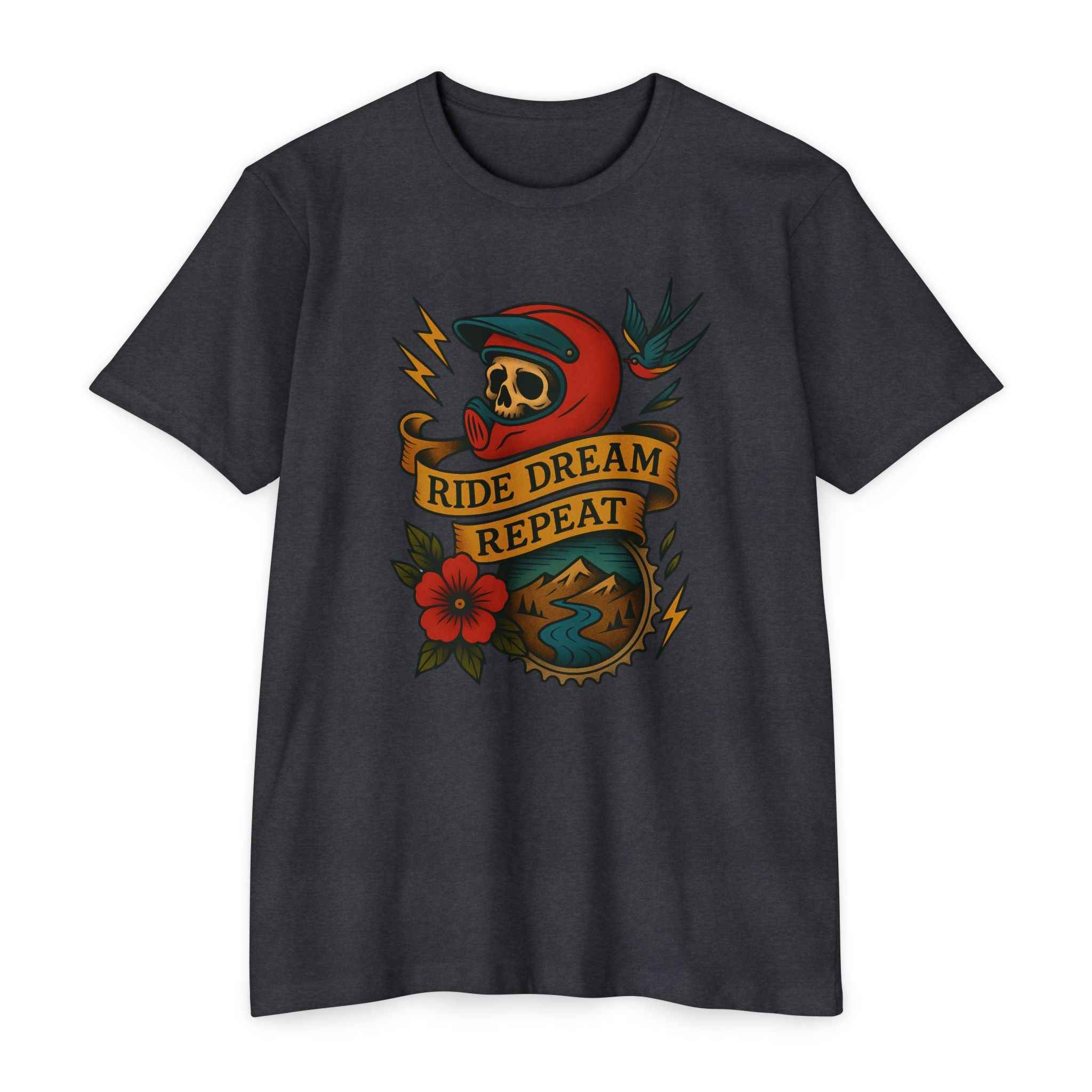 Charcoal Vintage Rider Spirit Tee with colorful skull and helmet design, lightning bolts, and retro tattoo art for adventure riders and bikers.
