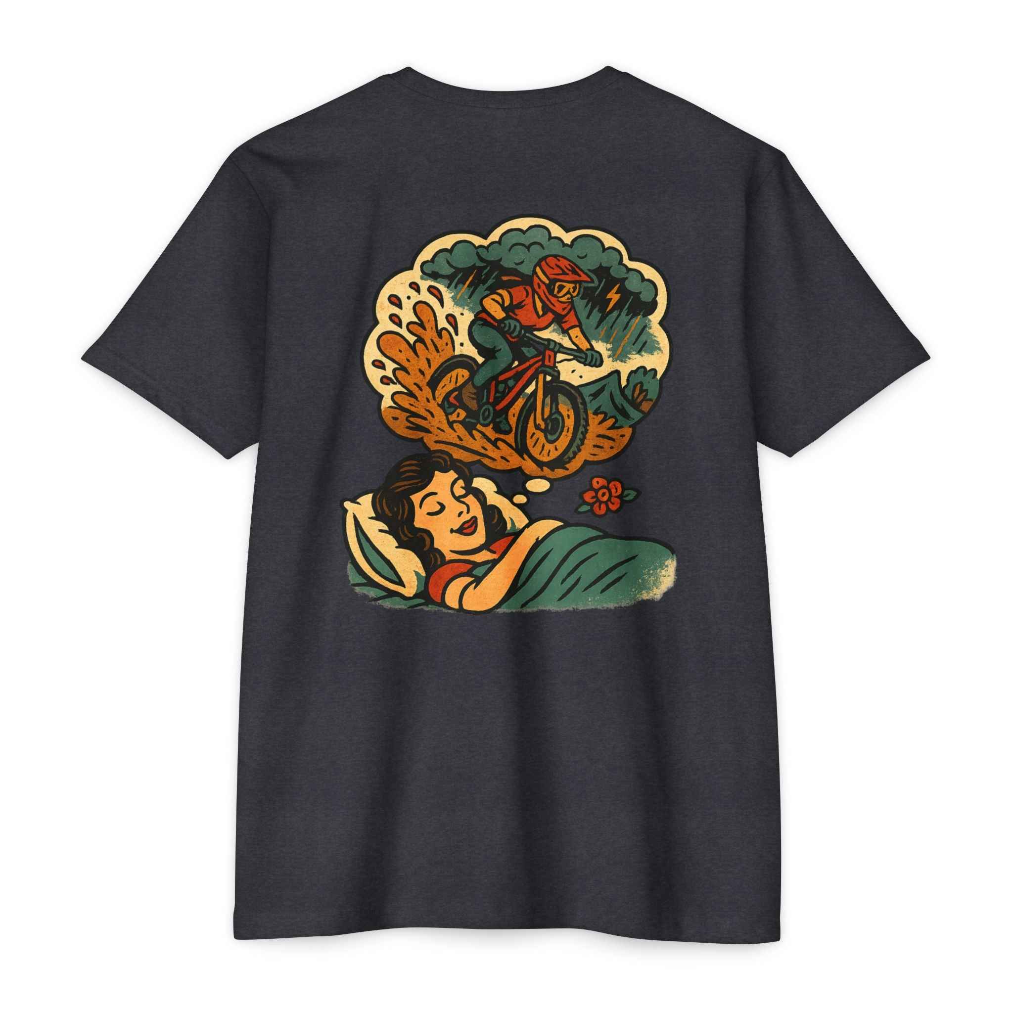 Charcoal Dirty Dreams MTB T-Shirt with colorful dream-themed back design featuring a biker. Perfect for enduro and downhill MTB fans.