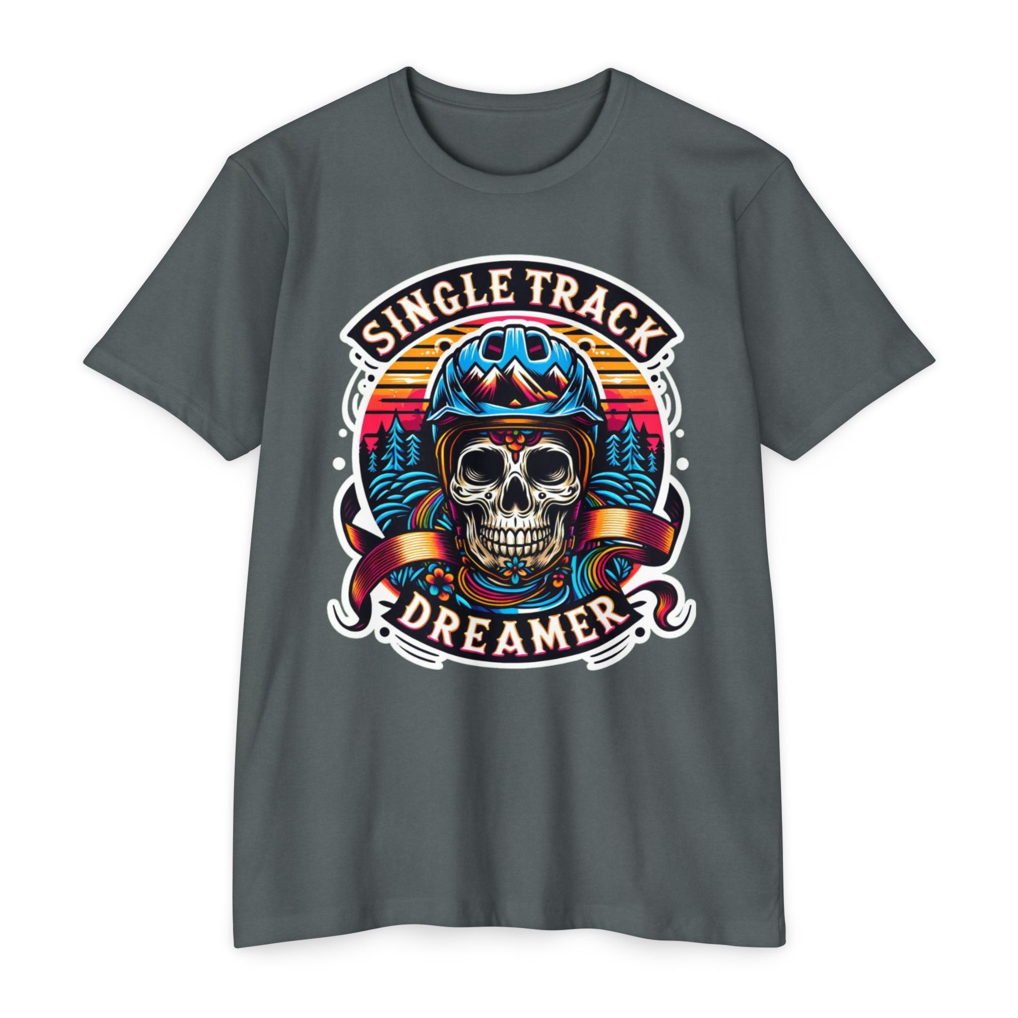 Charcoal gray Vintage Skull Rider Tee with vibrant skull and helmet print, celebrating bold spirit and gritty rider lifestyle.