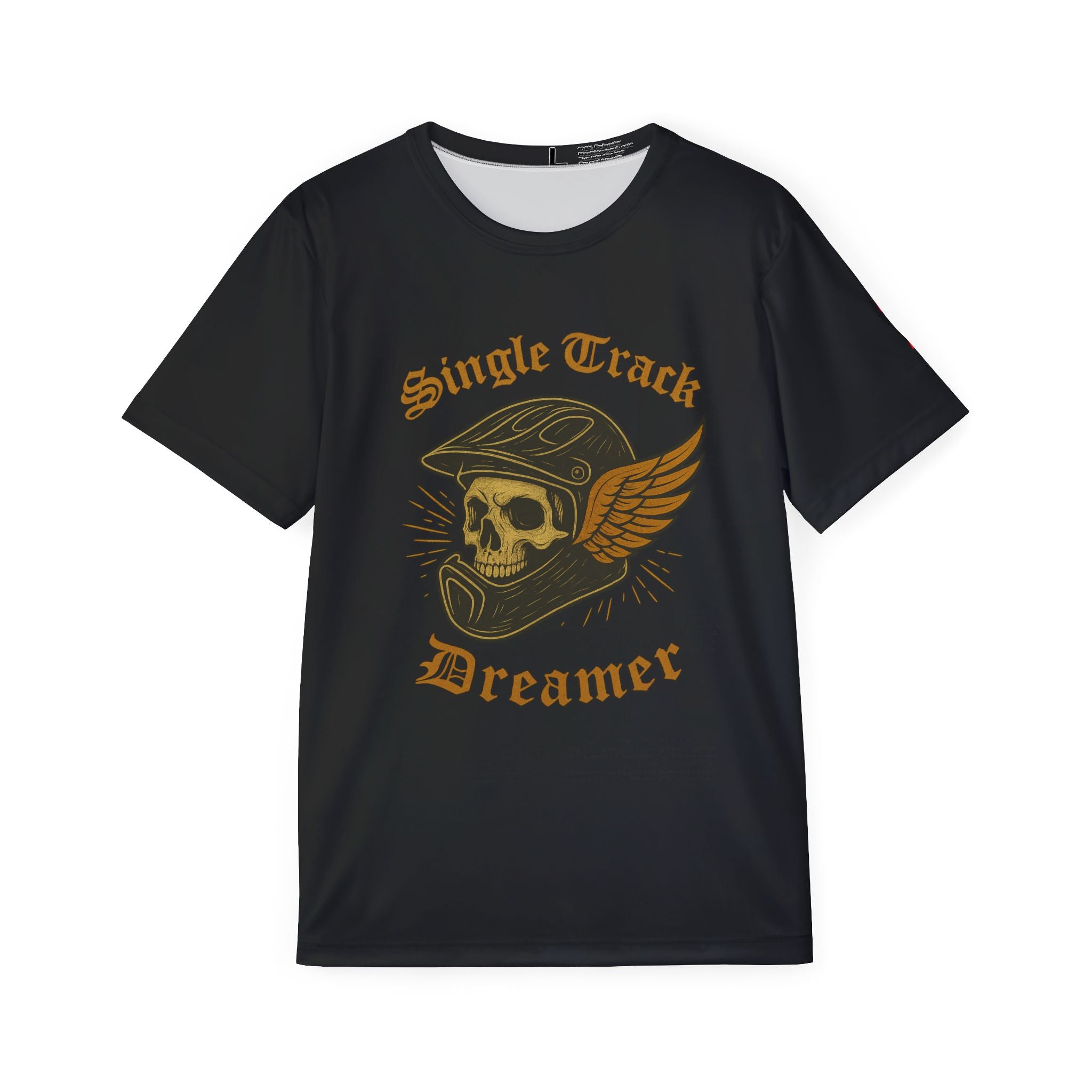 Black t-shirt with 'Single Track Dreamer' graphic design on a white background