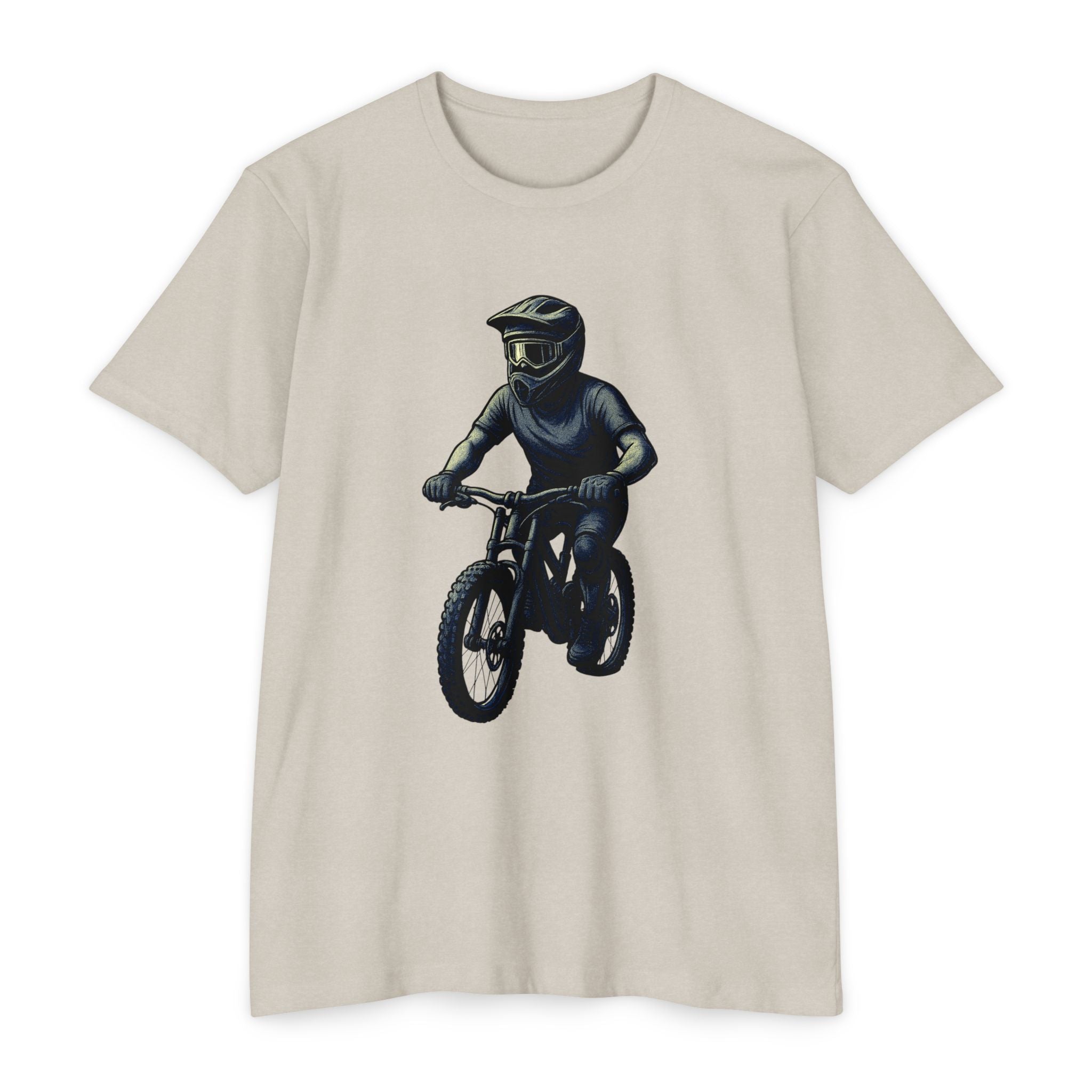 The Downhill Spirit - Vintage MTB Rider Tee in beige with a retro-style mountain biker print. Ideal for casual wear and trail enthusiasts.