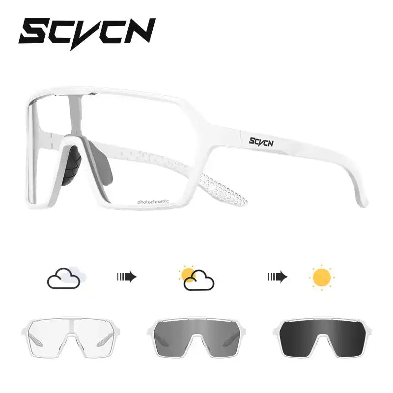 White photochromic cycling sunglasses with UV400 protection, demonstrating lens darkening from cloudy to sunny conditions.