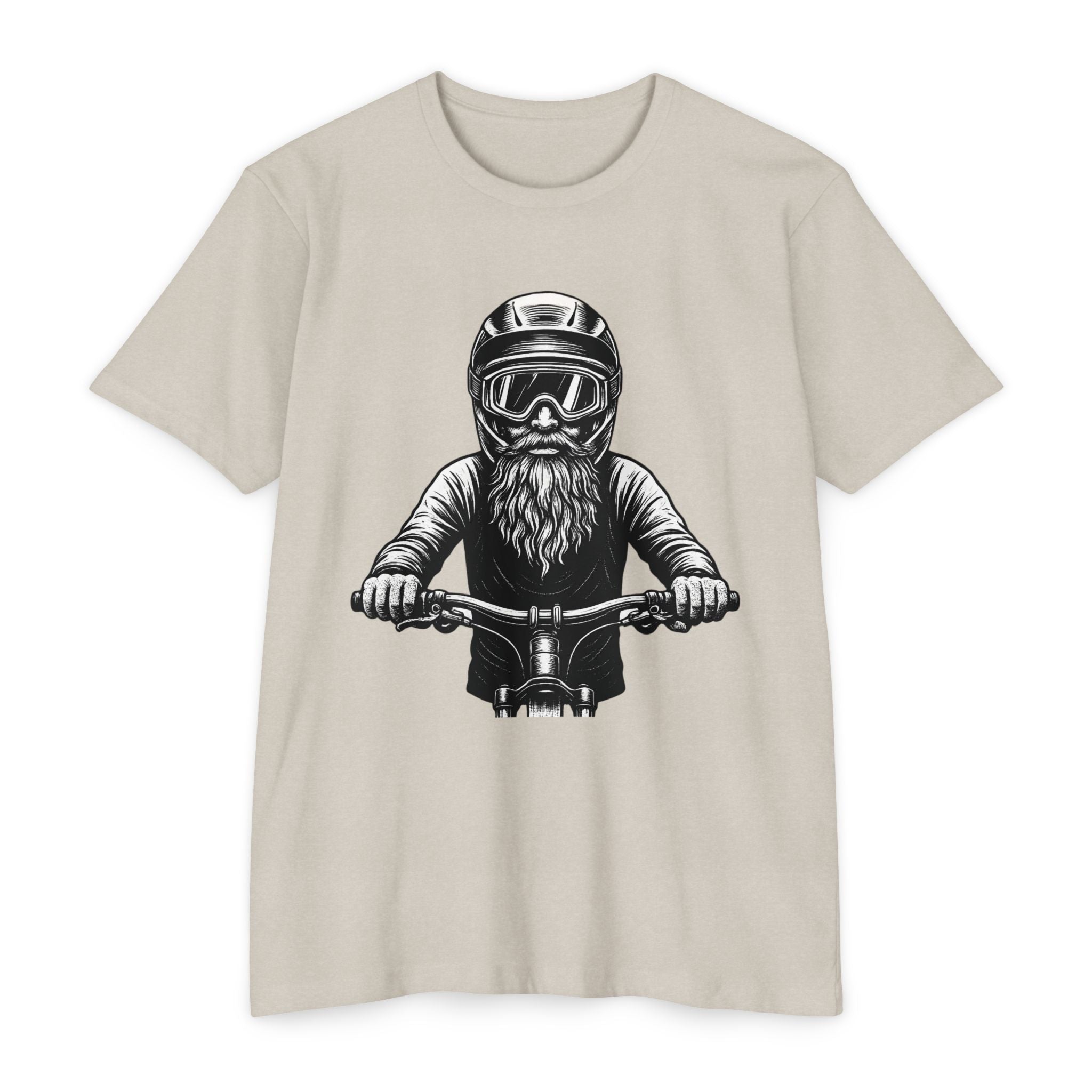 Beige vintage mountain biker tee with detailed bearded rider illustration. Lightweight and breathable for all-season MTB adventures.