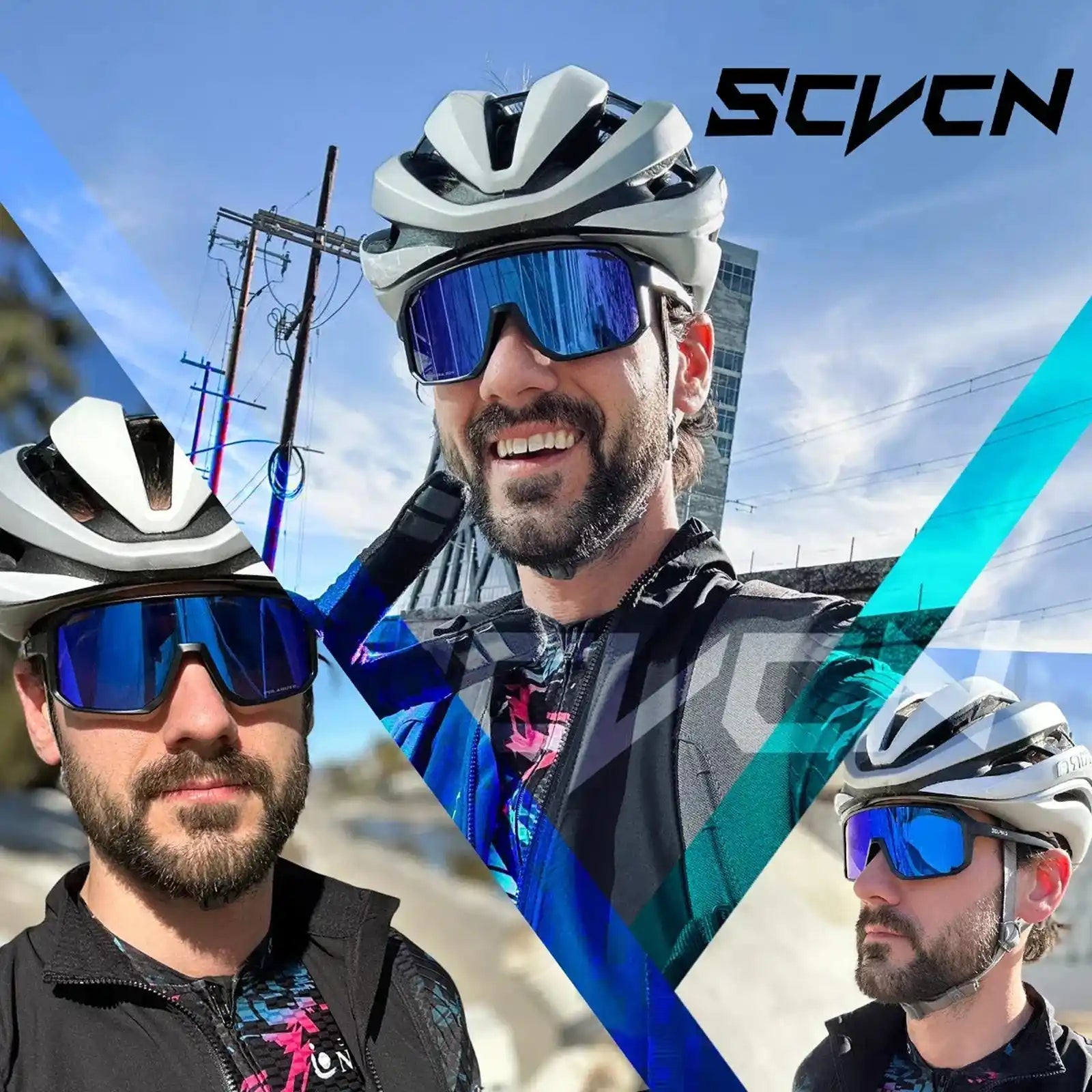 Cyclist wearing blue-lens photochromic sunglasses, showcasing UV protection and stylish design for outdoor biking and sports use.