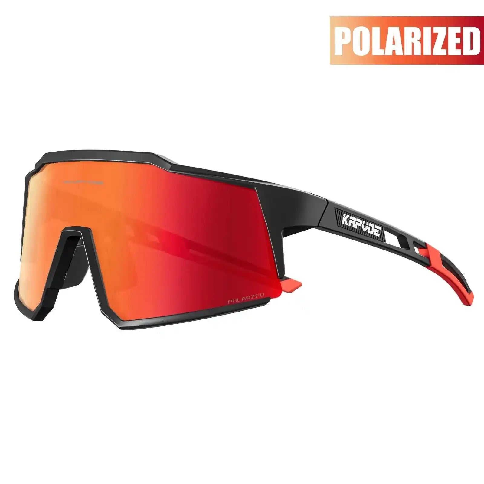 Kapvoe polarized cycling glasses with UV400 protection featuring red mirrored lens and black-red ultra light frame for high-speed cycling.