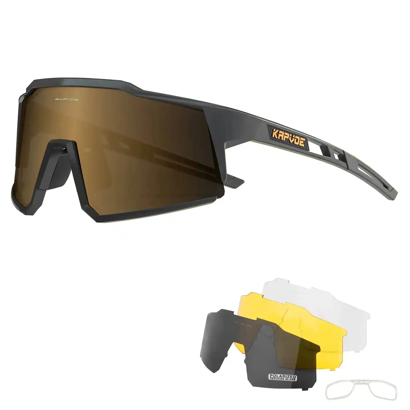 Kapvoe polarized cycling glasses with brown lens and multiple interchangeable lenses, offering UV400 protection for various light conditions.