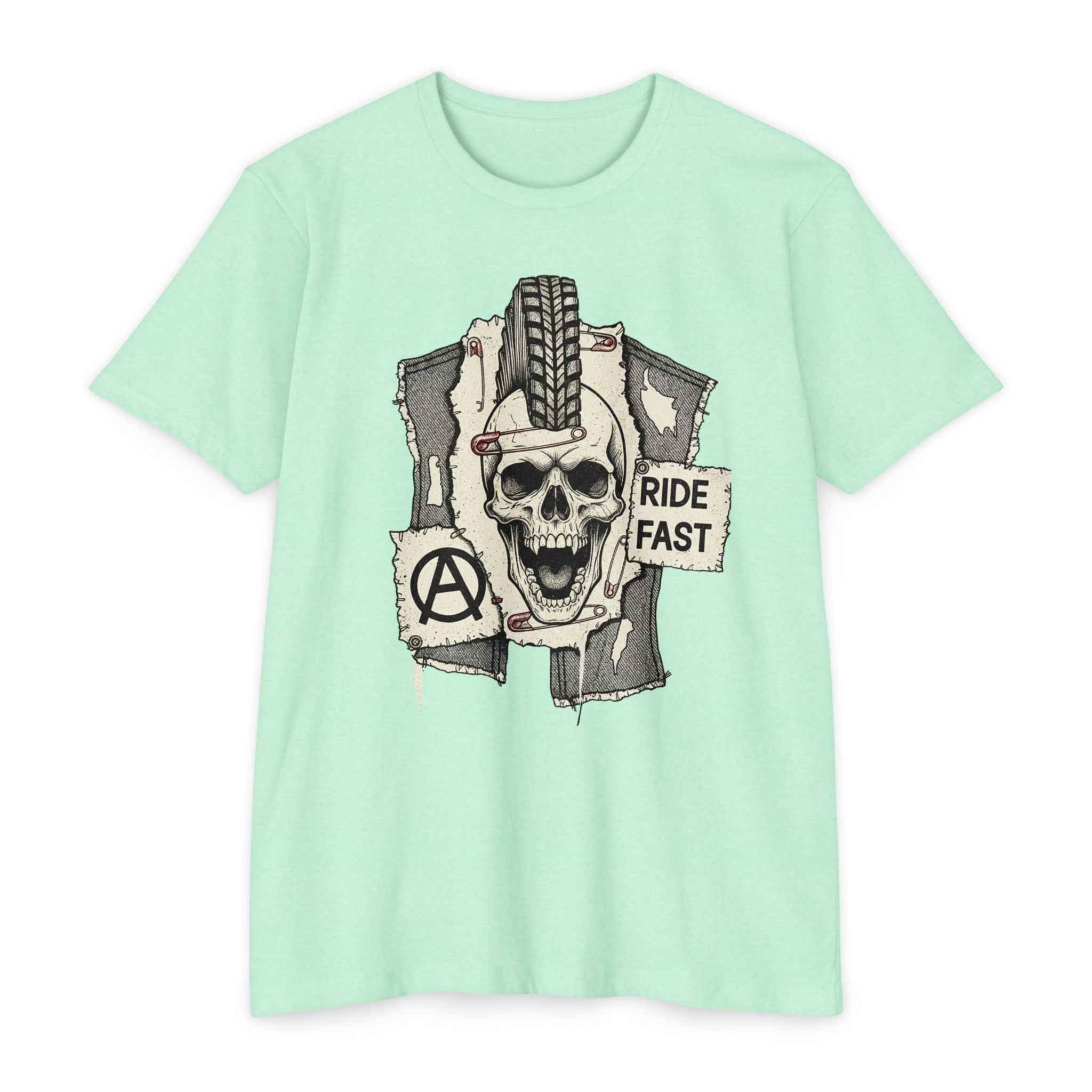 Mint green Skull Moto Punk MTB T-Shirt with grunge skull and tire mohawk print, perfect for extreme MTB and punk cycling fashion.