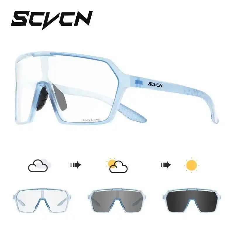 SCVCN Cycling Glasses in white frame with grey photochromic lenses, UV400 protection for men and women, adjusts to changing light outdoors.