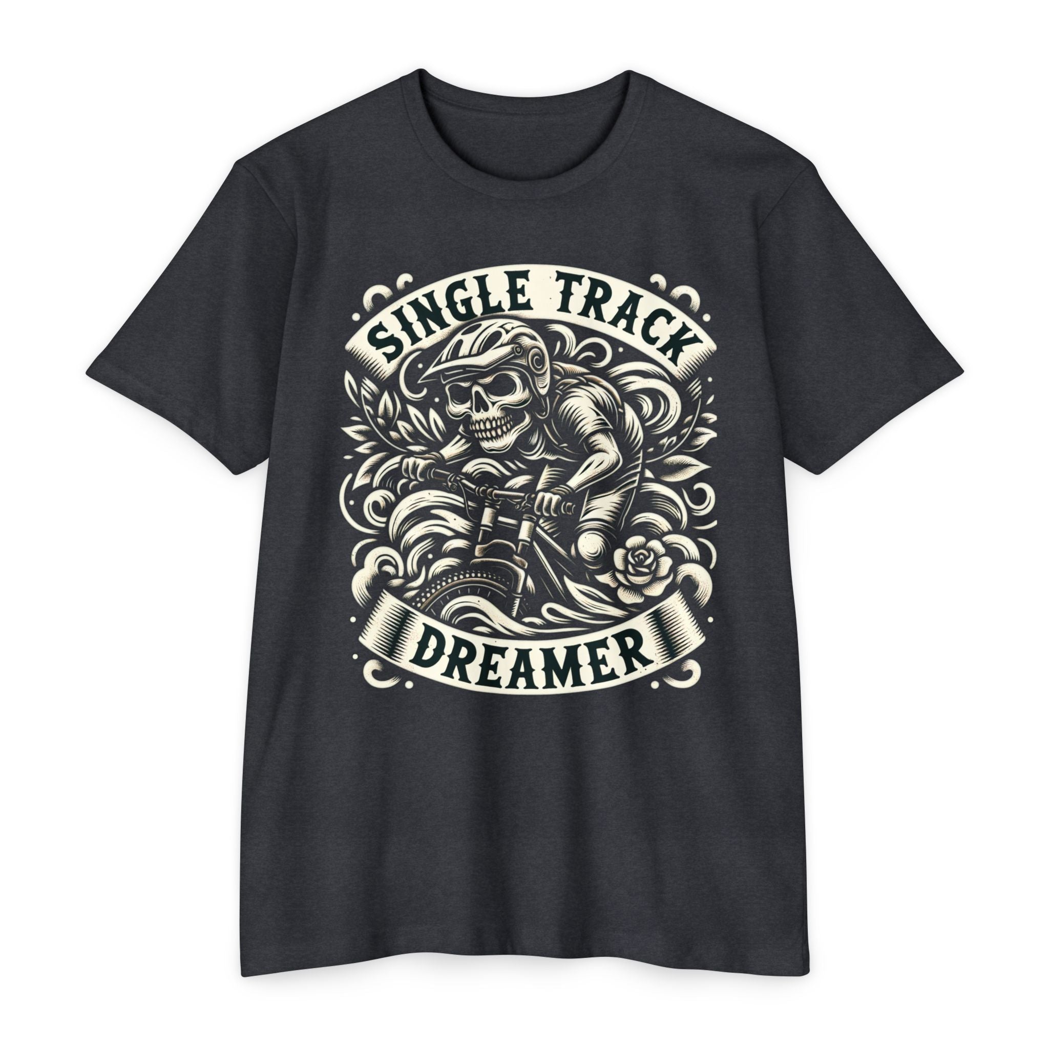 Skeletor – Single Track Dreamer Skeleton Rider Unisex CVC Jersey T-Shirt
