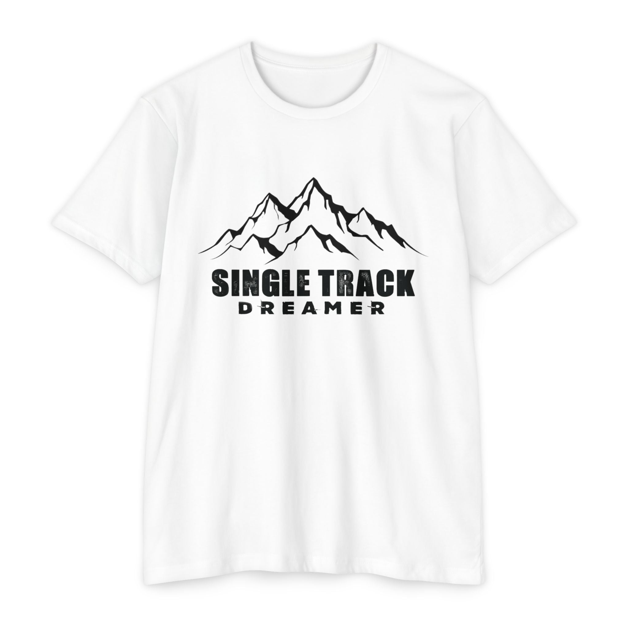 White t-shirt with black mountain graphic and 'Single Track Dreamer' text on a white background