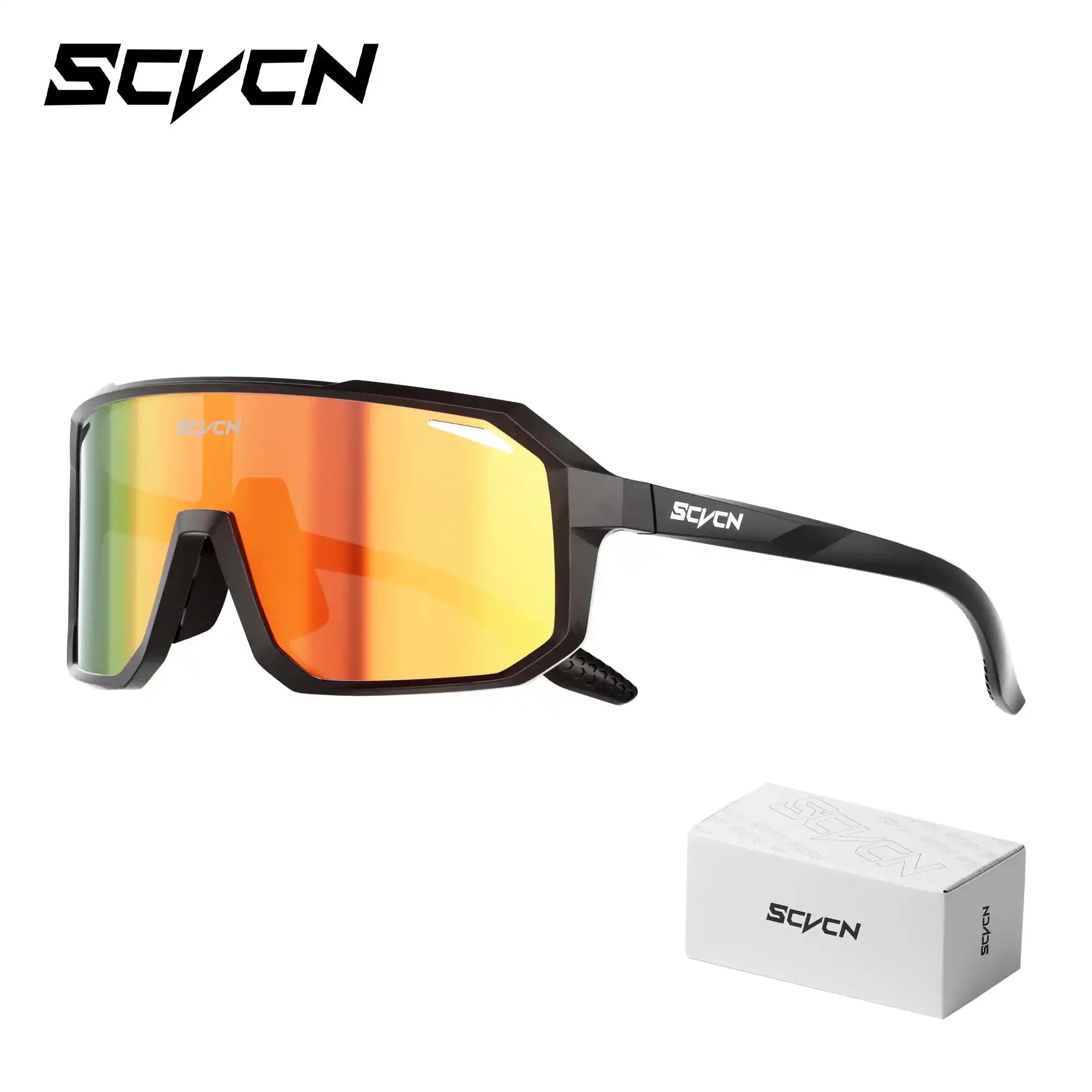Black SCVCN HOT MTB cycling sunglasses with orange reflective UV400 lenses and branded box, designed for outdoor sports and running.
