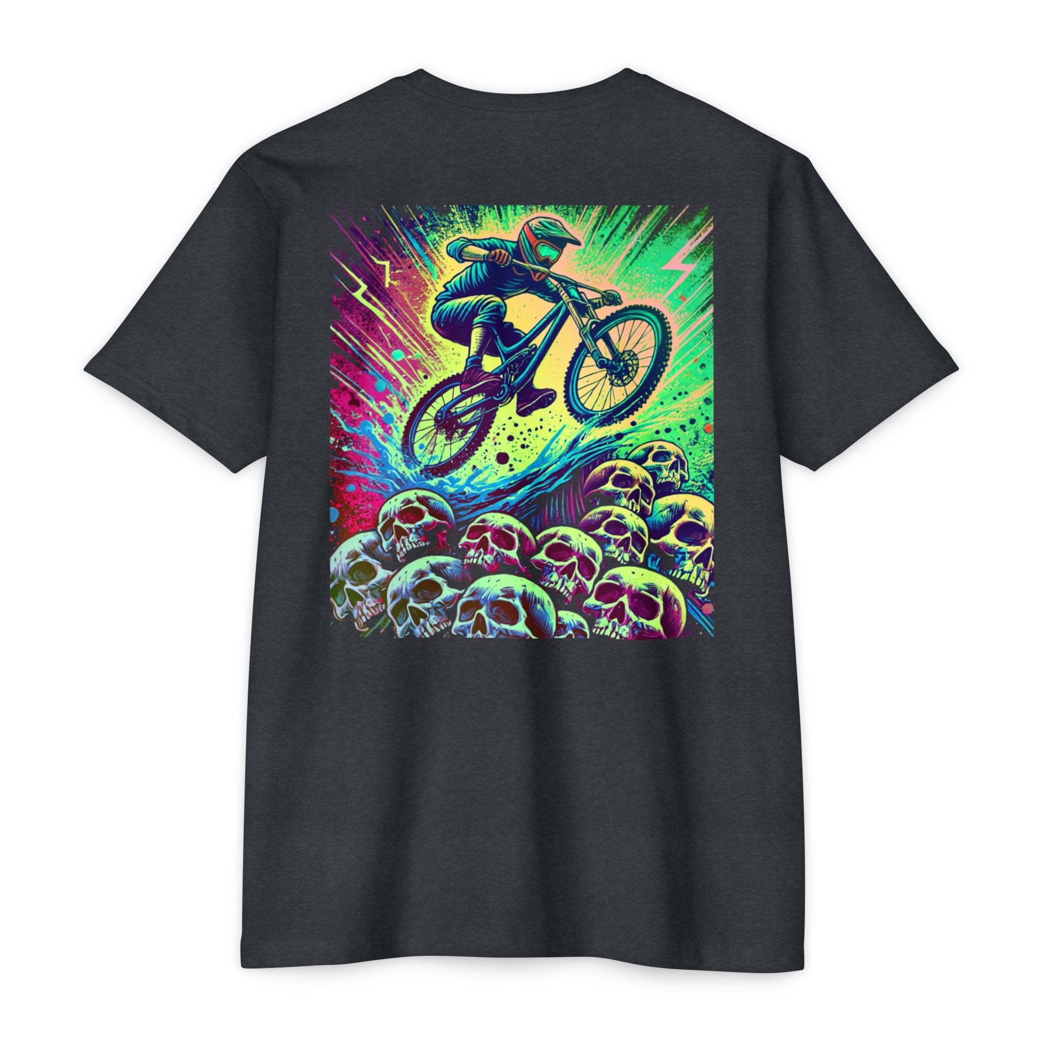 Black t-shirt with a colorful graphic of a person on a bike and skulls on a white background
