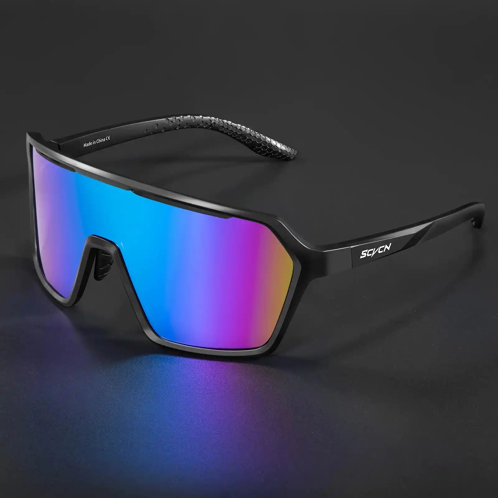 Black frame cycling sunglasses with blue and purple mirrored lenses, UV400 protection for outdoor sports and cycling.