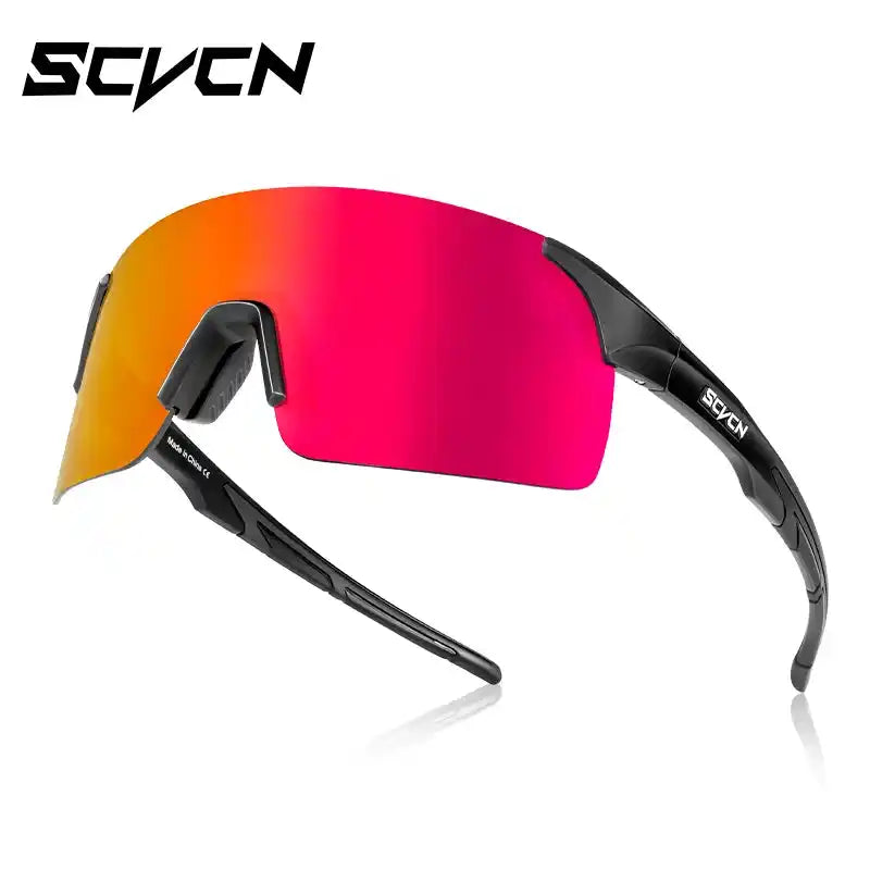 Black-frame MTB cycling sunglasses with red-orange photochromic lens. Designed for UV protection and high-performance cycling.