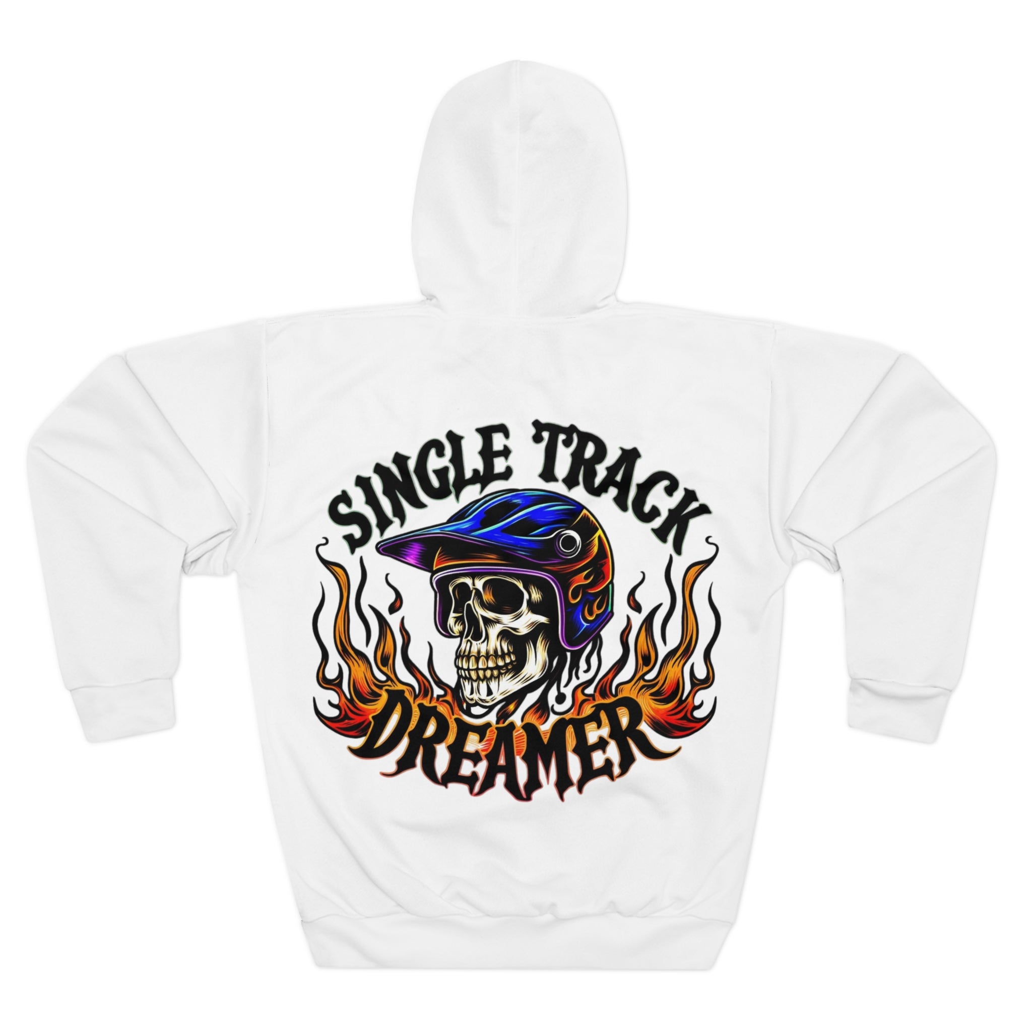 Back view of the Flaming Skull MTB Hoodie with a large flaming skull in helmet graphic and 'Single Track Dreamer' text, perfect for extreme riders.