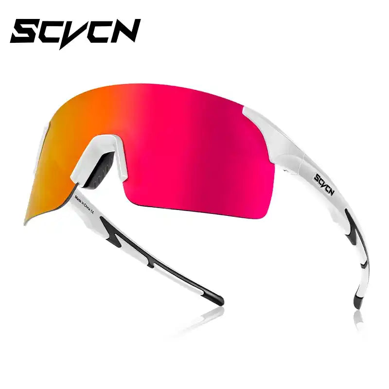 White-frame MTB cycling sunglasses with red-orange mirrored lens, designed for UV protection and high-performance cycling.