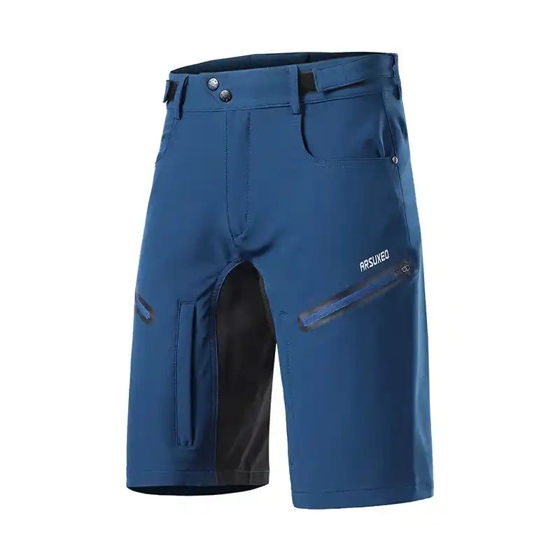 Navy ARSUXEO MTB Shorts with moisture-wicking fabric, adjustable waistband, and side zip pockets for breathable cycling comfort.