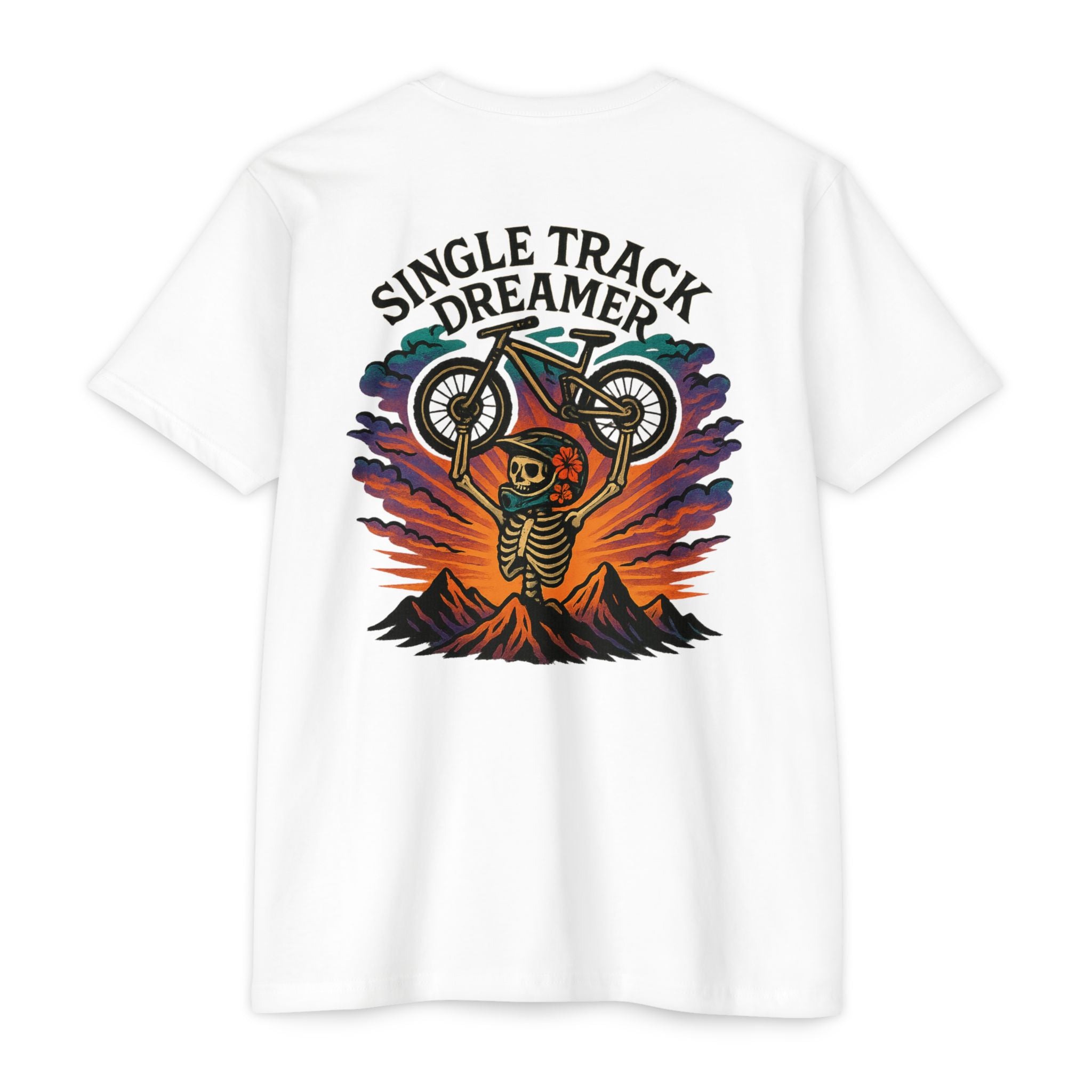 White t-shirt with 'Single Track Dreamer' graphic design featuring a skeleton and bicycle on a mountain.