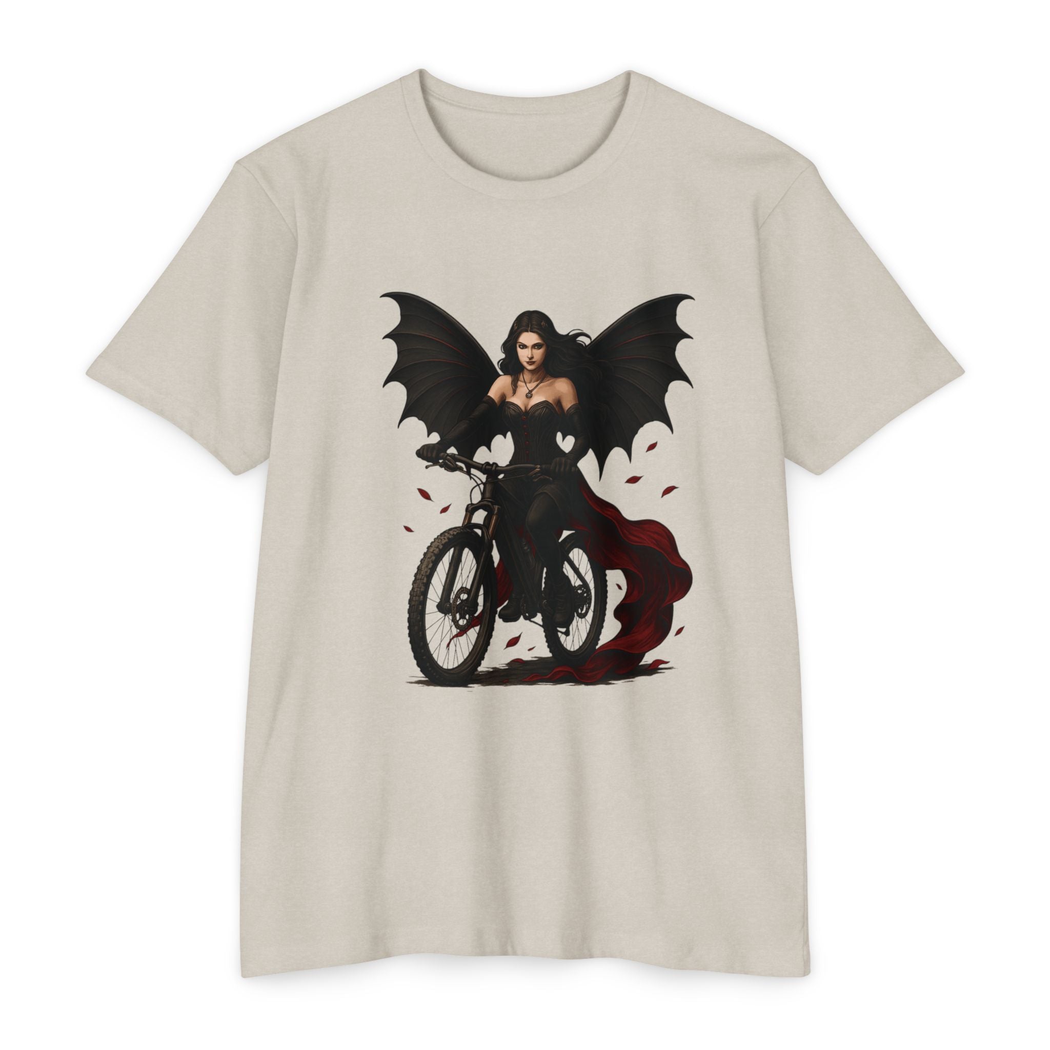 Beige t-shirt with a graphic of a woman on a motorcycle with bat wings on a white background